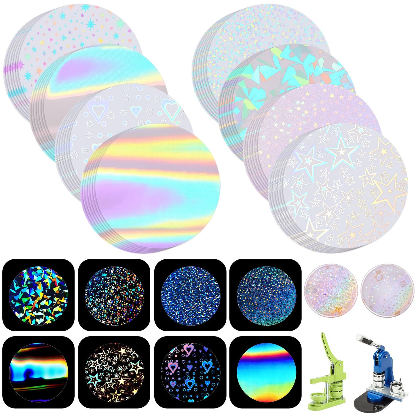 Humyoun 200 Pcs Badge Protective Film 35mm (1.38 in) – 8 Styles of Holographic Glitter for 25mm Button Makers