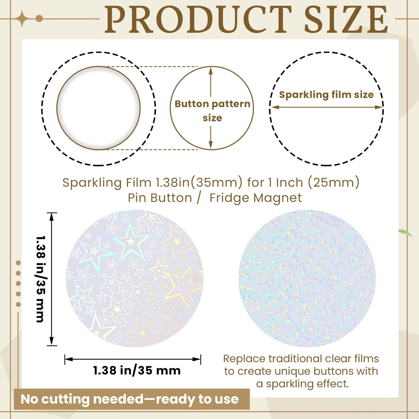 Humyoun 200 Pcs Badge Protective Film 35mm (1.38 in) – 8 Styles of Holographic Glitter for 25mm Button Makers