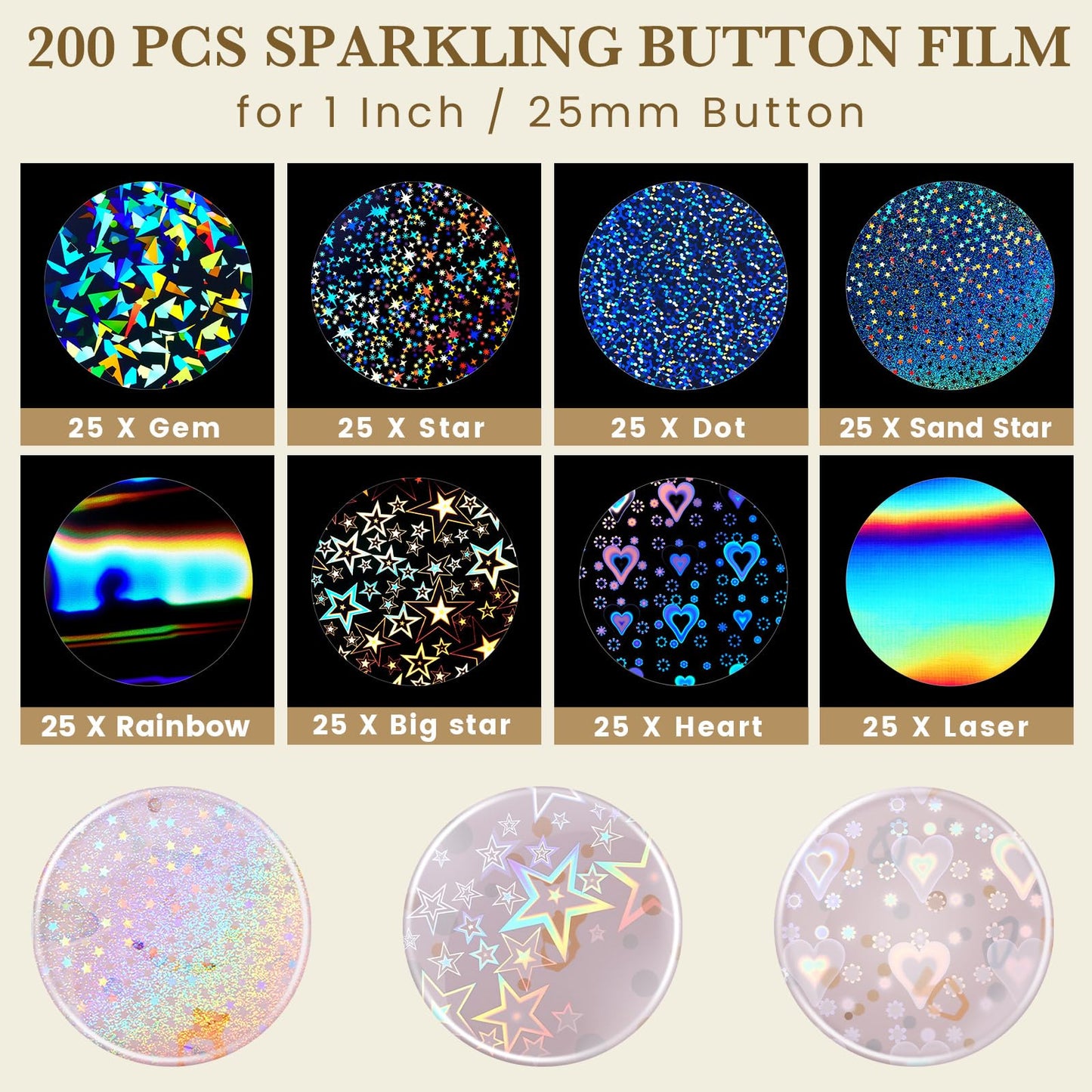 Humyoun 200 Pcs Badge Protective Film 35mm (1.38 in) – 8 Styles of Holographic Glitter for 25mm Button Makers