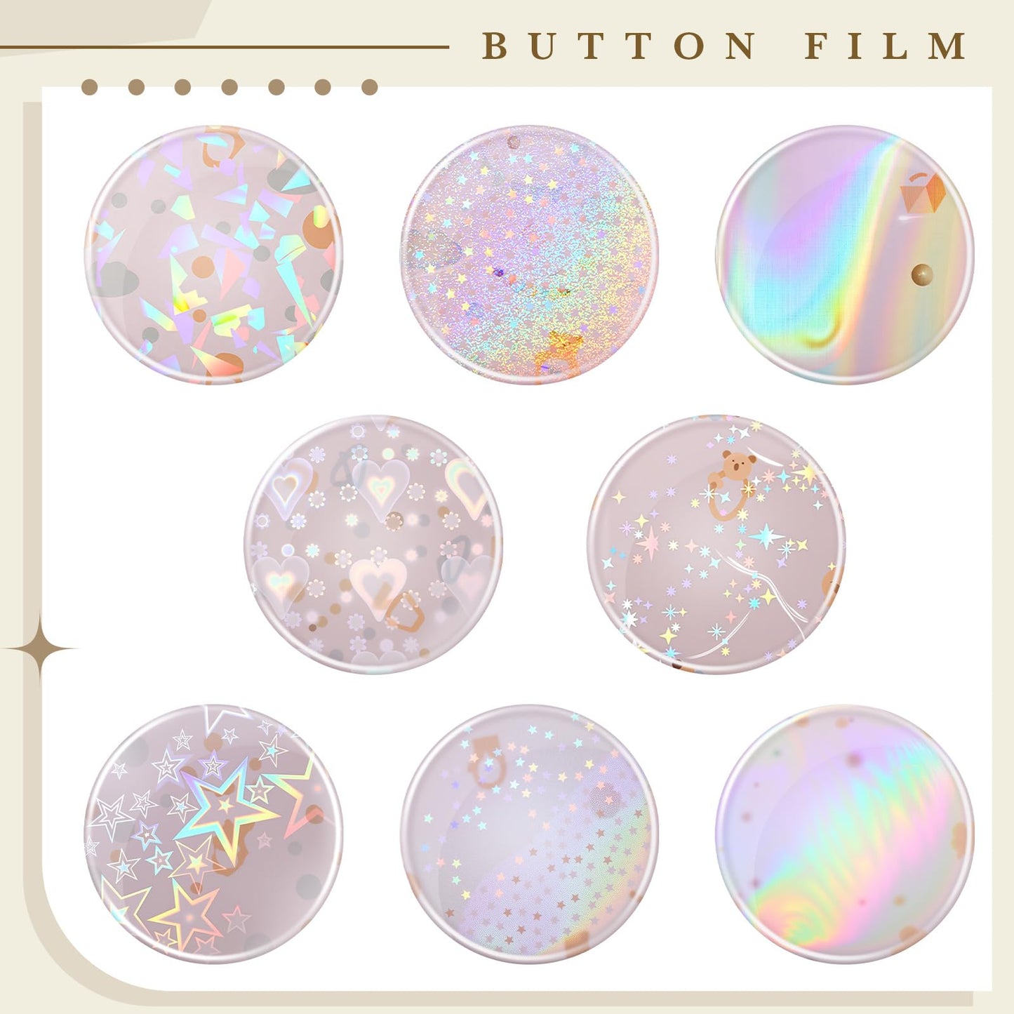 Humyoun 200 Pcs Badge Protective Film 35mm (1.38 in) – 8 Styles of Holographic Glitter for 25mm Button Makers