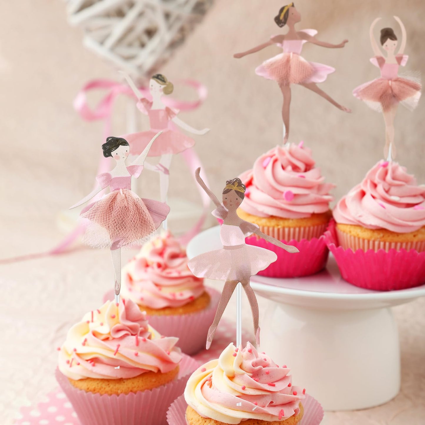 Humyoun 36 Ballerina Cupcake Kit – Colorful Ballet Tutu Toppers & Pink Cups