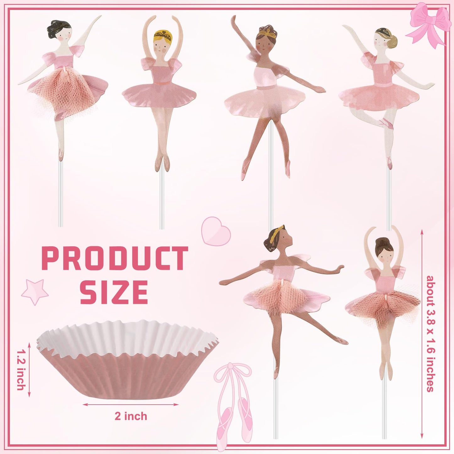 Humyoun 36 Ballerina Cupcake Kit – Colorful Ballet Tutu Toppers & Pink Cups