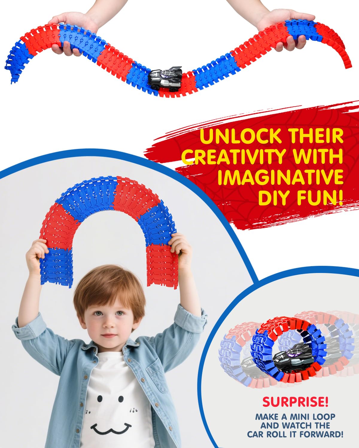 Humzo Spider Tracks: 2 Spider Cars & 212-Piece Flexible Race Track – STEM Toy Gift for Ages 3-8