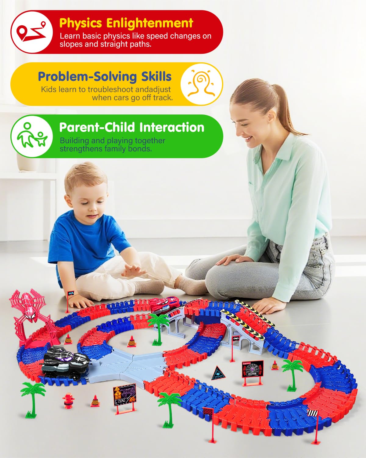 Humzo Spider Tracks: 2 Spider Cars & 212-Piece Flexible Race Track – STEM Toy Gift for Ages 3-8