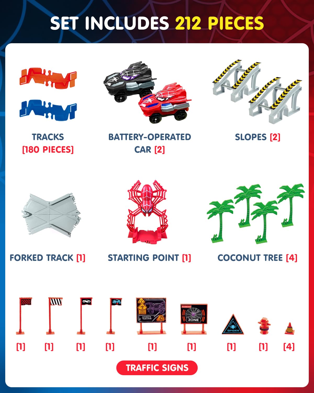 Humzo Spider Tracks: 2 Spider Cars & 212-Piece Flexible Race Track – STEM Toy Gift for Ages 3-8