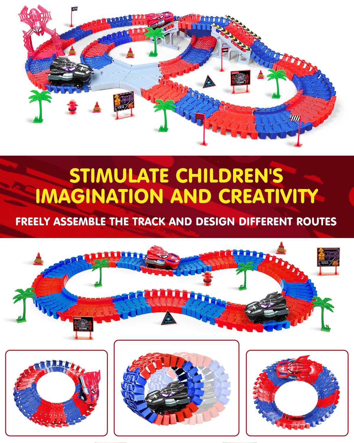 Humzo Spider Tracks: 2 Spider Cars & 212-Piece Flexible Race Track – STEM Toy Gift for Ages 3-8