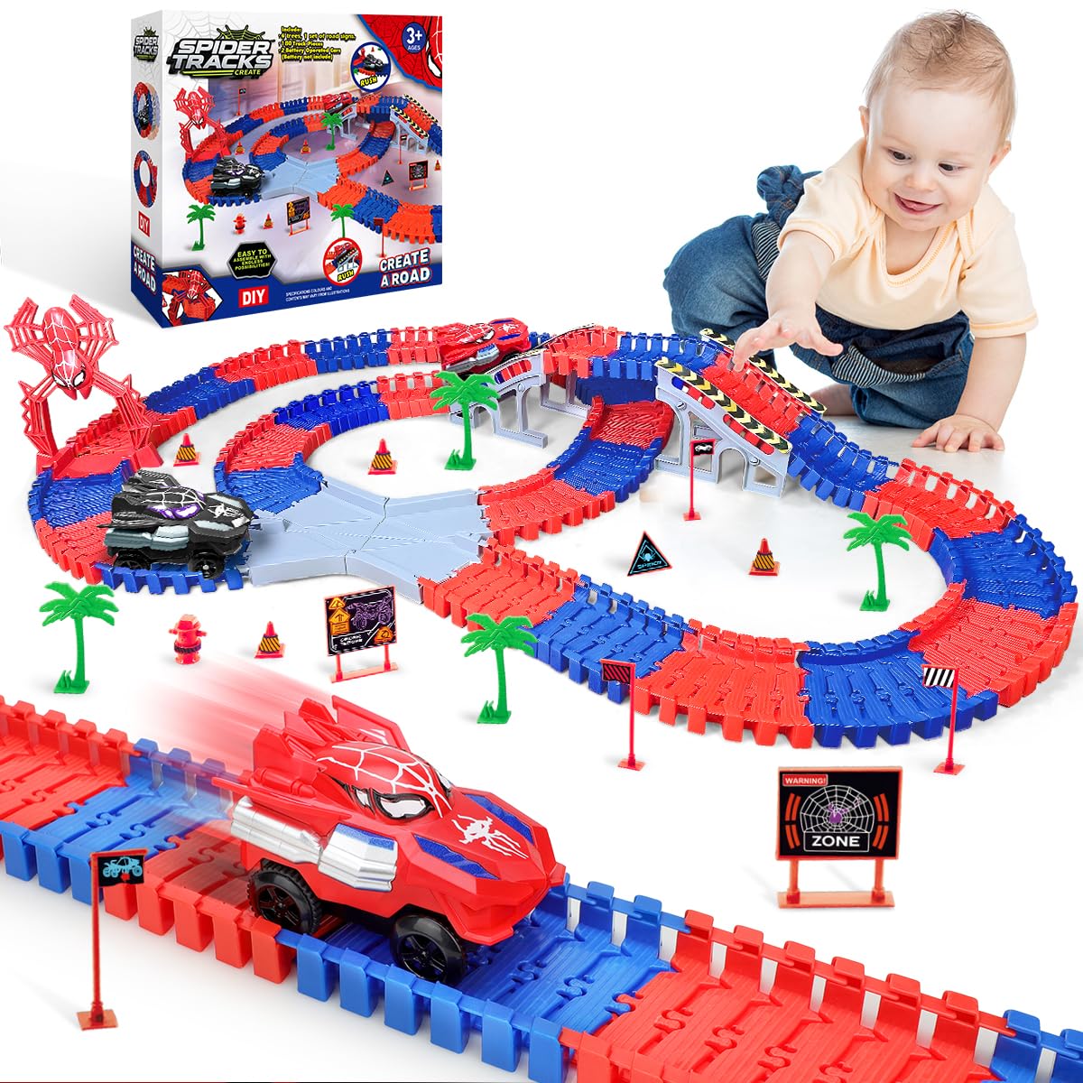 Humzo Spider Tracks: 2 Spider Cars & 212-Piece Flexible Race Track – STEM Toy Gift for Ages 3-8