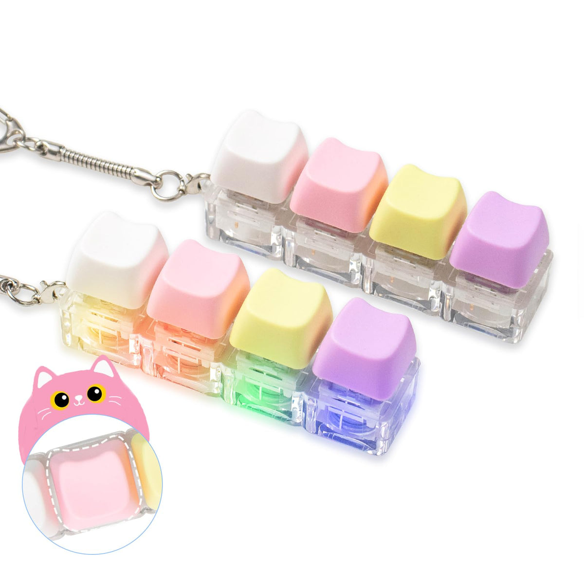 Hunfuthr 2pc Cat Keyboard Fidget Toy – LED Lighted & No Light Keychain (Pink)