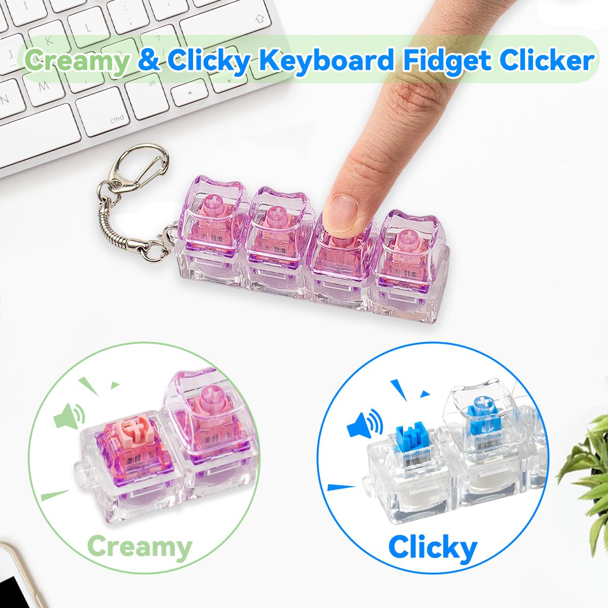 Hunfuthr 2 Pcs Keyboard Fidget Toy – Creamy & Clicky Cat Keychain (White Light / Purple No-Light)