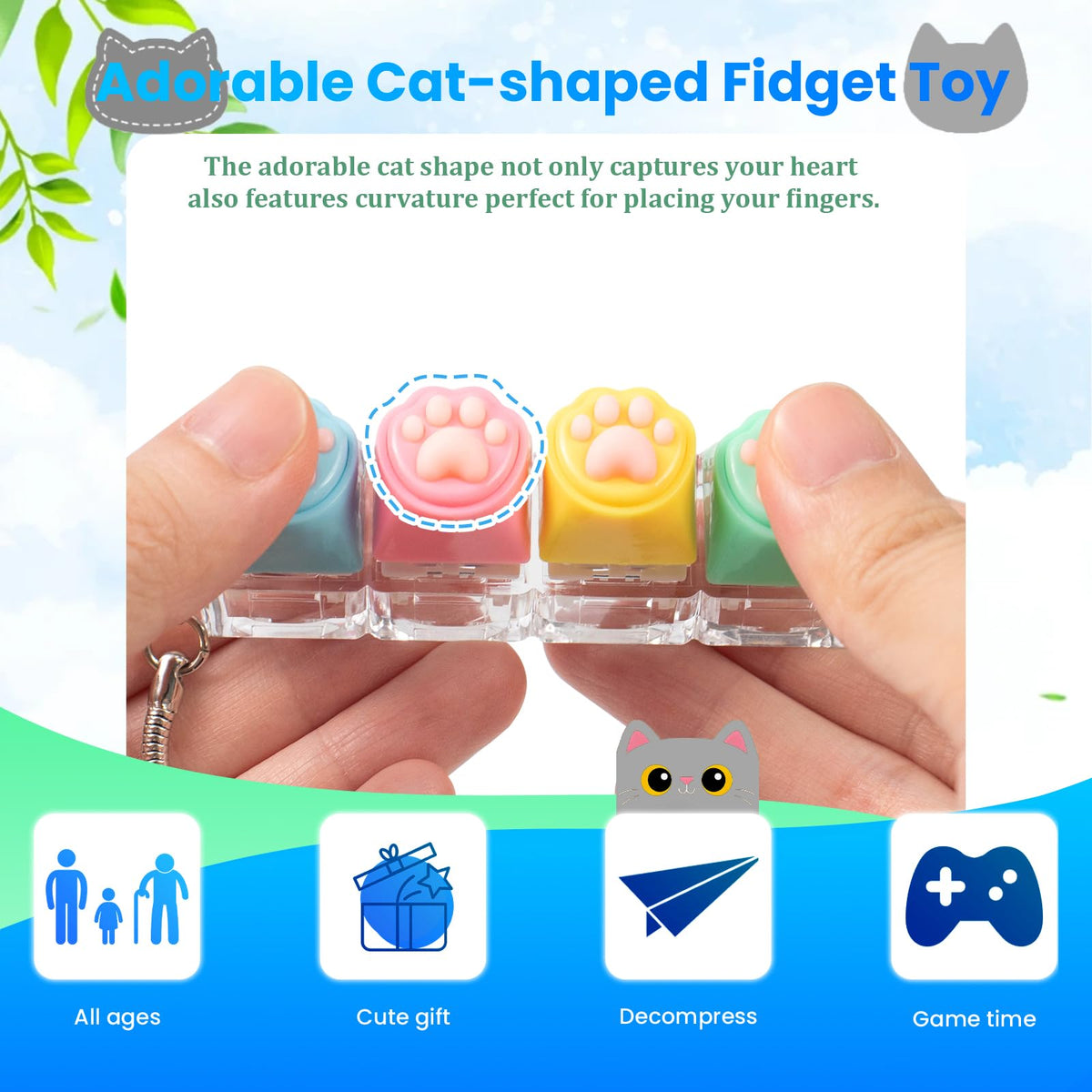 Hunfuthr 2 Pcs Light Up Cat Paw Keyboard Fidget Toy – Clicky Keychain Stress Relief (Blue Pink)