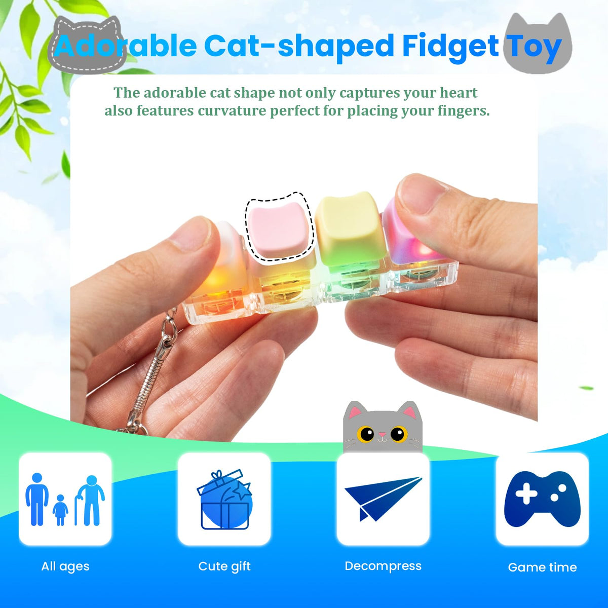 Hunfuthr 2pc Cat Keyboard Fidget Toy – LED Lighted & No Light Keychain (Pink)