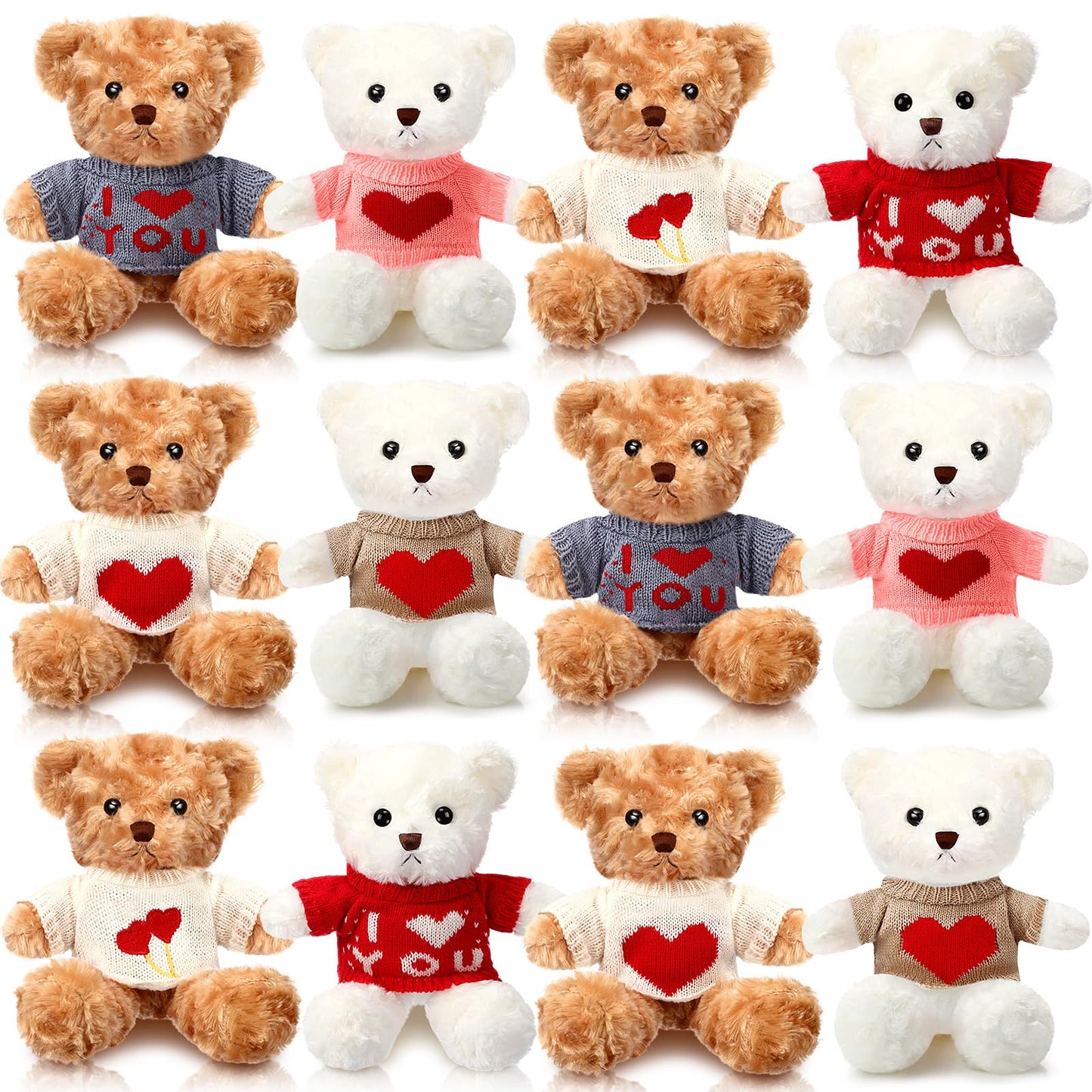 Hungdao 12 Pcs Stuffed Bears – 10-Inch White & Brown Plush with Cute Clothes | Valentines Day Gift