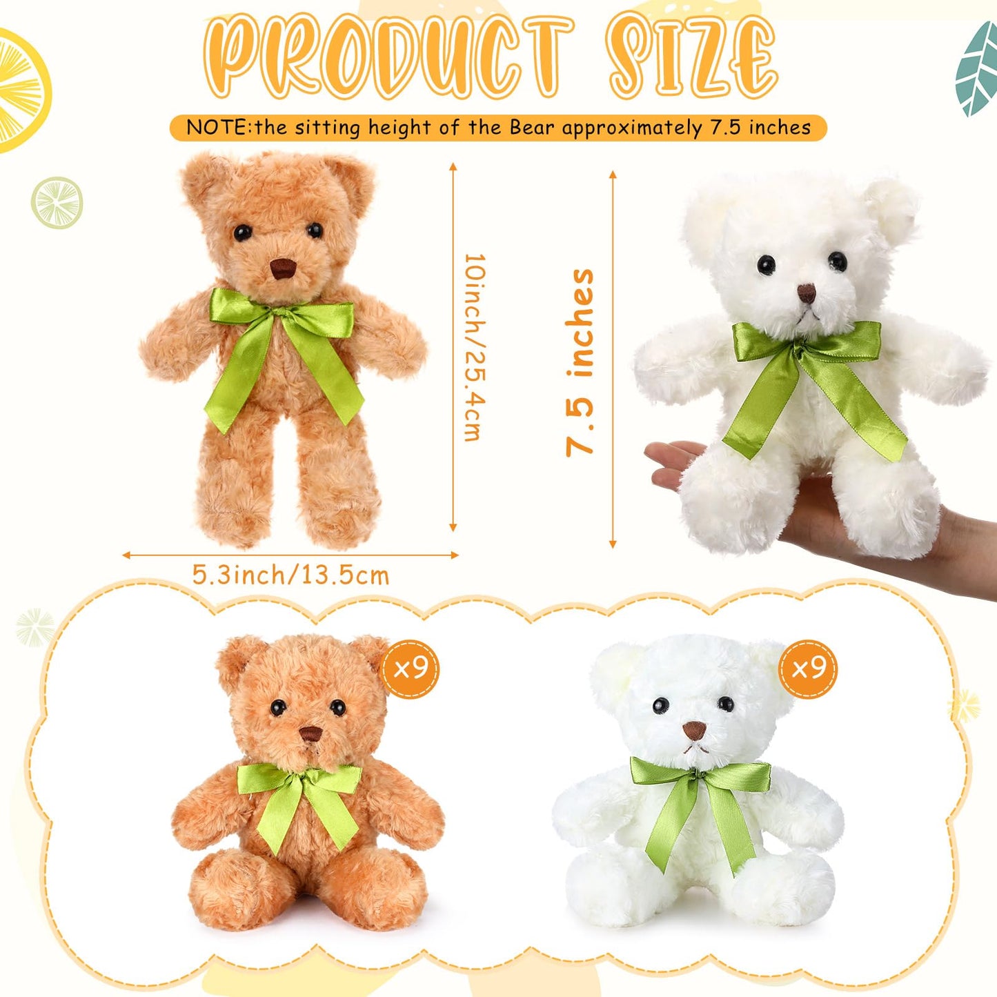 Hungdao 18 Pcs Stuffed Bears Bulk Gift Set - 10in Plush Bears with Green Bow (White & Light Brown)