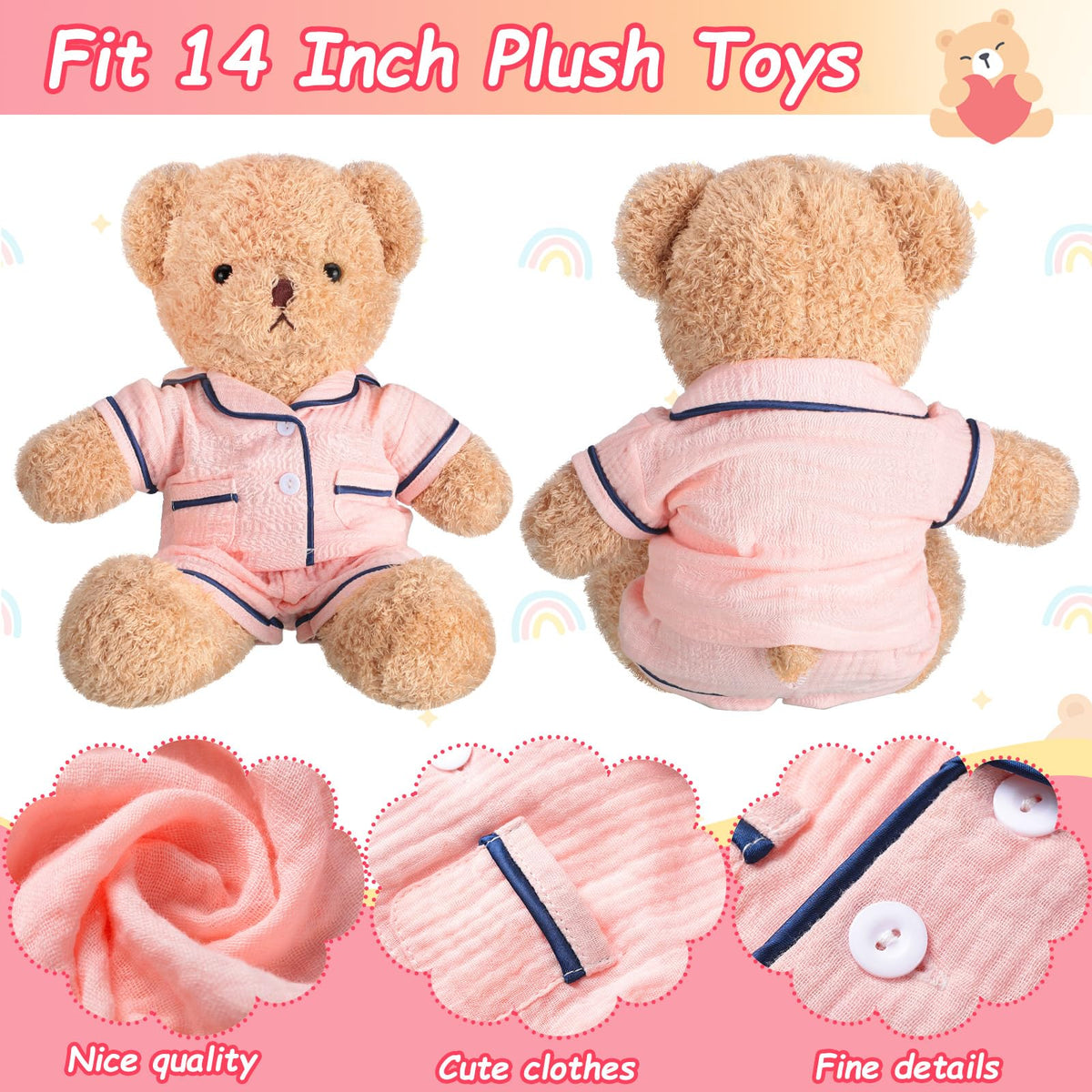 Hungdao Bear Clothes Pajamas for 14-Inch Bears – Pink 2-Piece Outfit