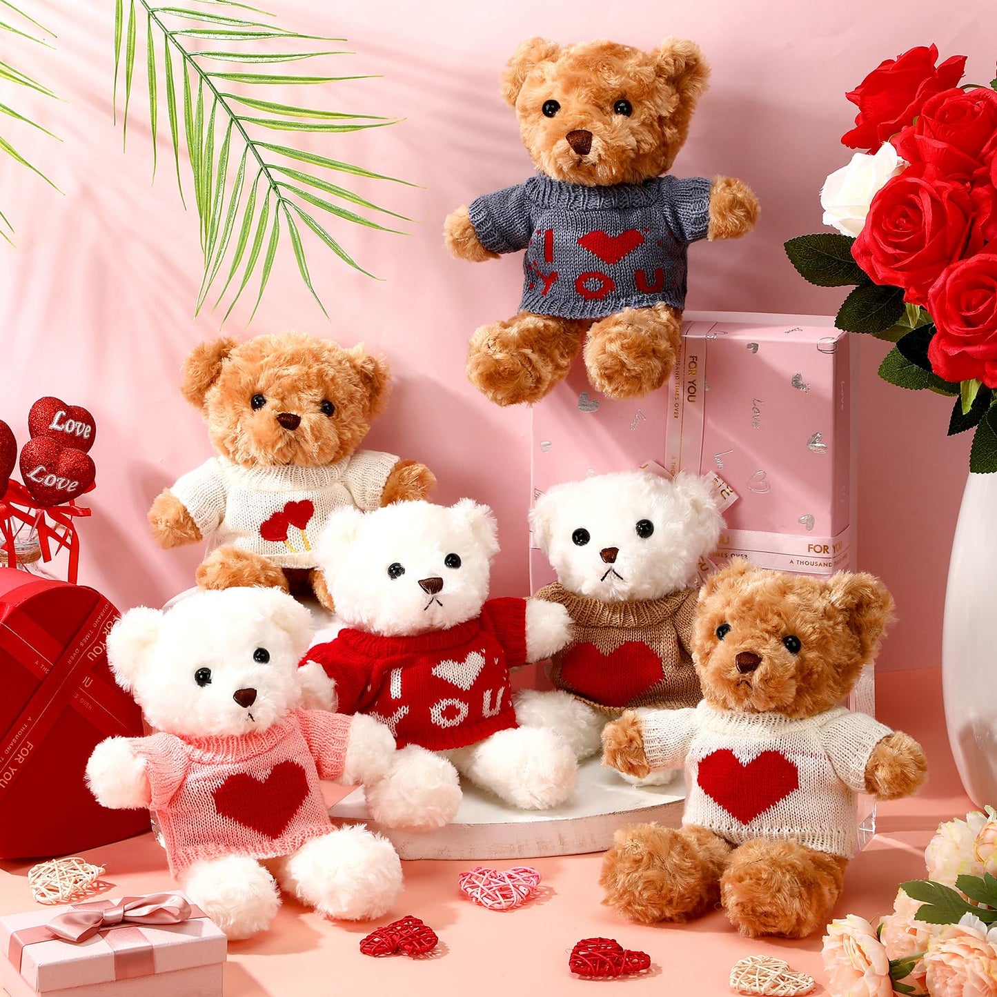 Hungdao 12 Pcs Stuffed Bears – 10-Inch White & Brown Plush with Cute Clothes | Valentines Day Gift
