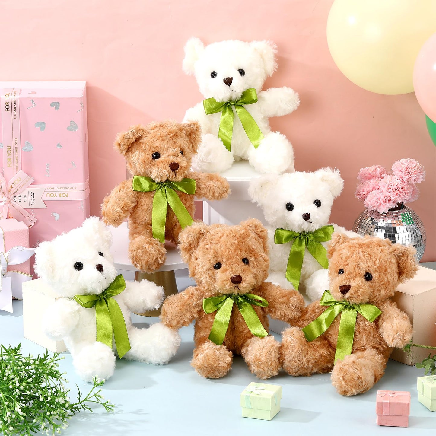 Hungdao 18 Pcs Stuffed Bears Bulk Gift Set - 10in Plush Bears with Green Bow (White & Light Brown)
