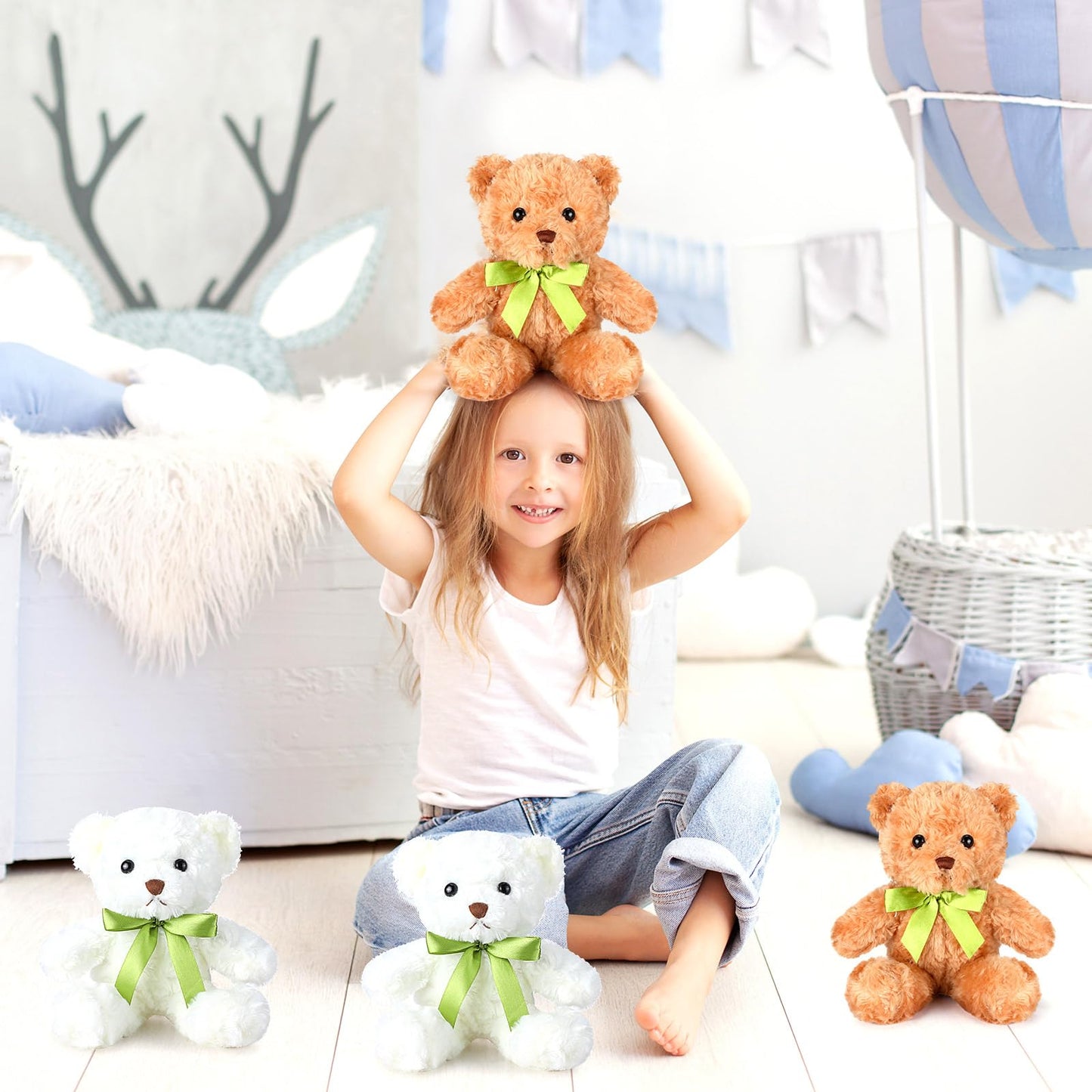 Hungdao 18 Pcs Stuffed Bears Bulk Gift Set - 10in Plush Bears with Green Bow (White & Light Brown)