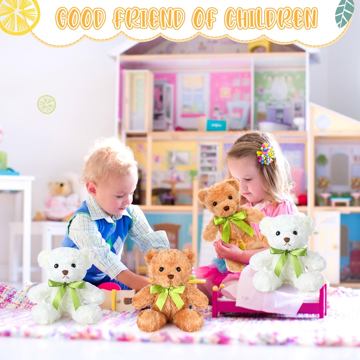 Hungdao 18 Pcs Stuffed Bears Bulk Gift Set - 10in Plush Bears with Green Bow (White & Light Brown)