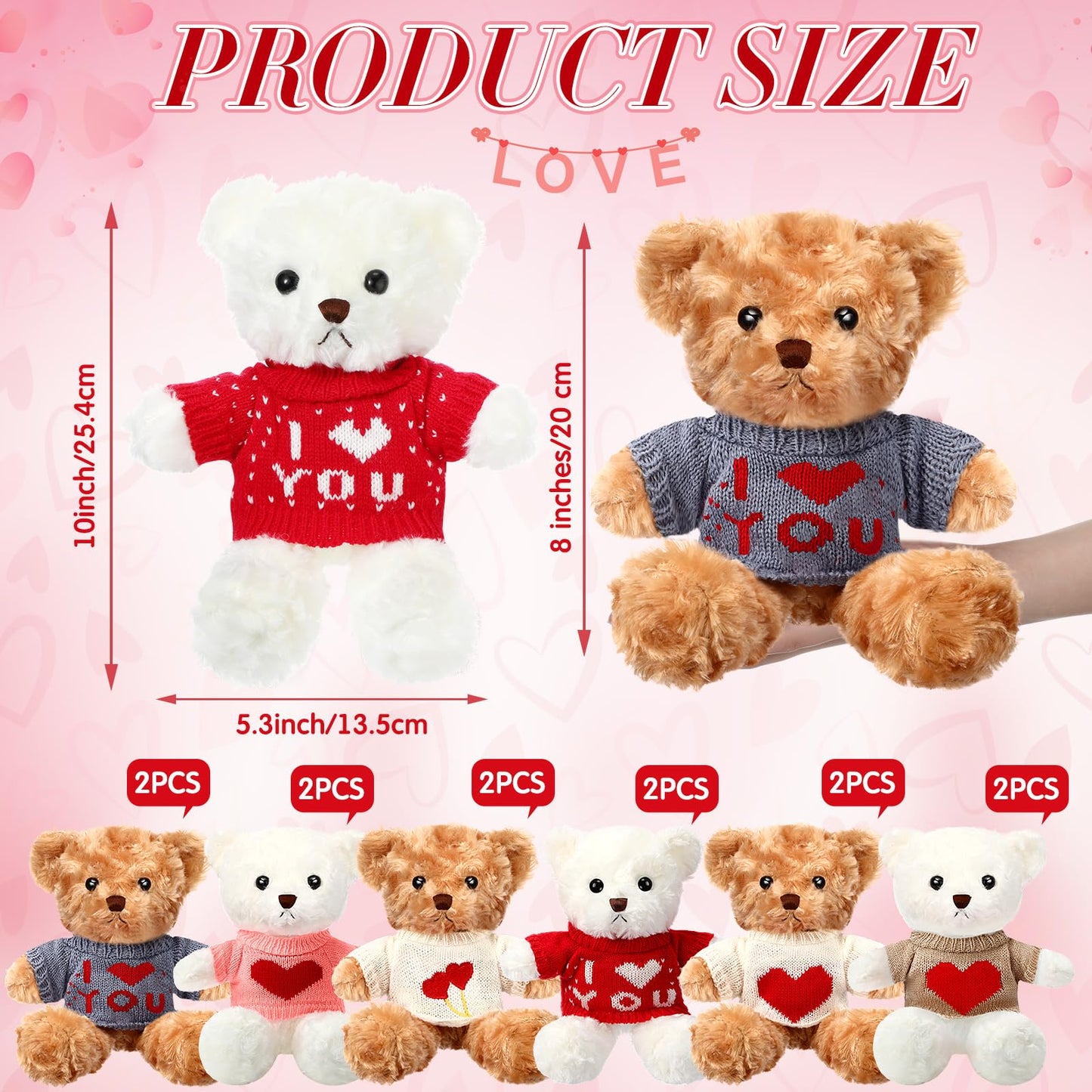 Hungdao 12 Pcs Stuffed Bears – 10-Inch White & Brown Plush with Cute Clothes | Valentines Day Gift
