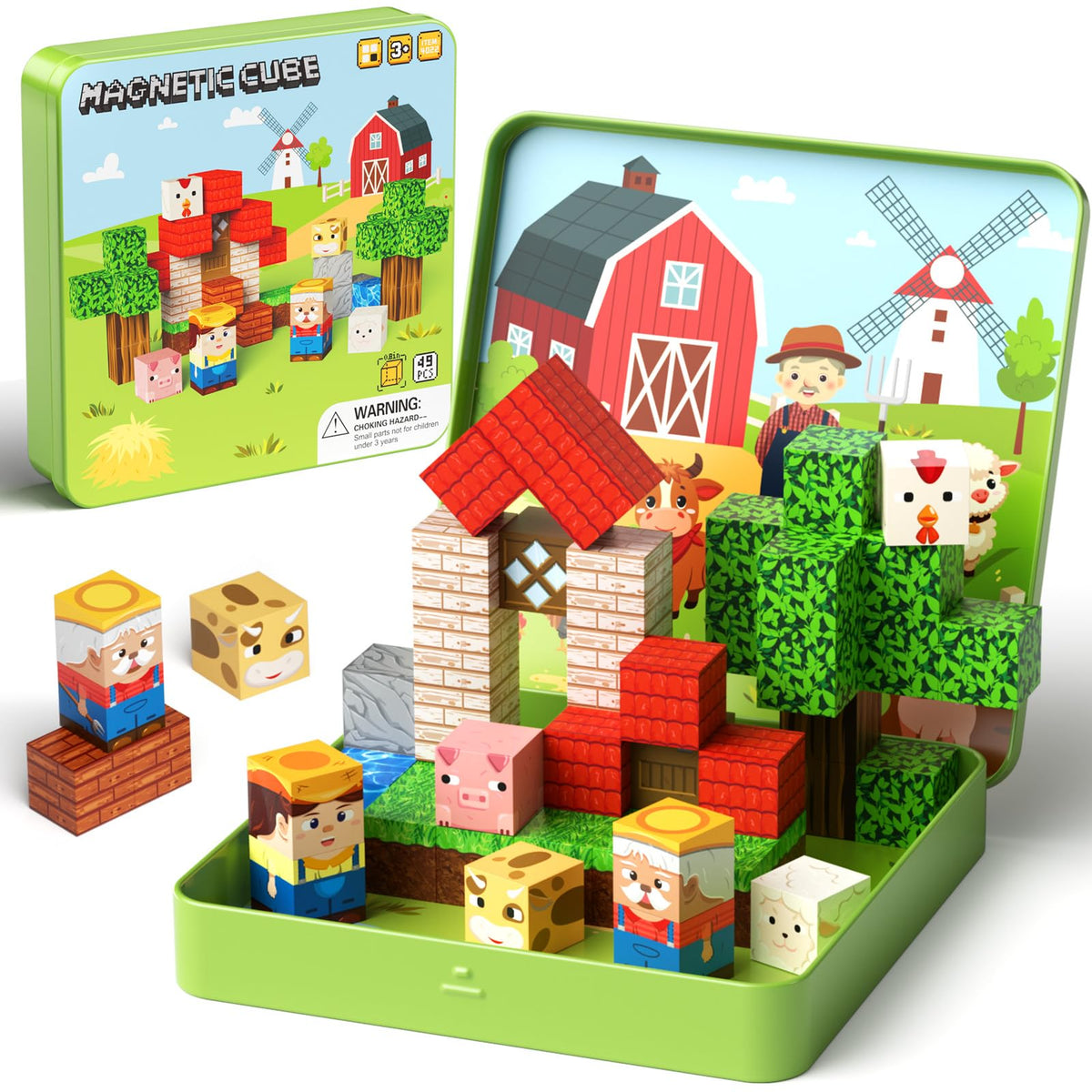 Hunloot 49-Piece Farm Animals Magnetic Building Blocks for Kids 3-8 | Travel-Ready STEM Toy
