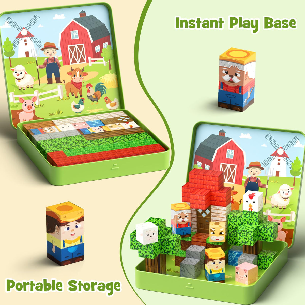 Hunloot 49-Piece Farm Animals Magnetic Building Blocks for Kids 3-8 | Travel-Ready STEM Toy