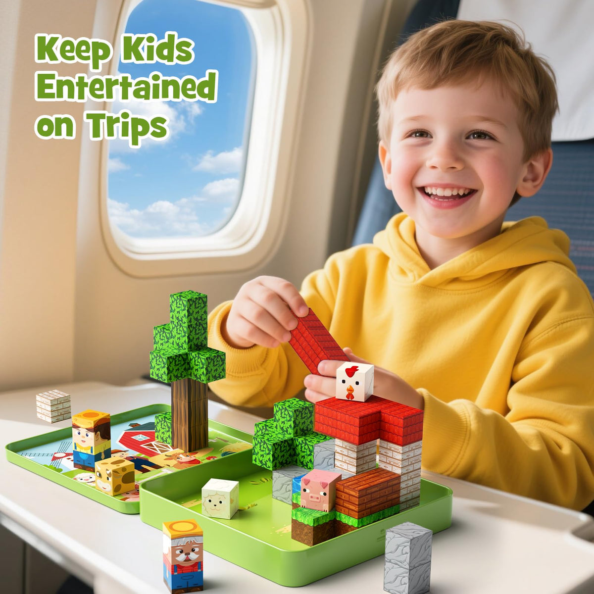 Hunloot 49-Piece Farm Animals Magnetic Building Blocks for Kids 3-8 | Travel-Ready STEM Toy
