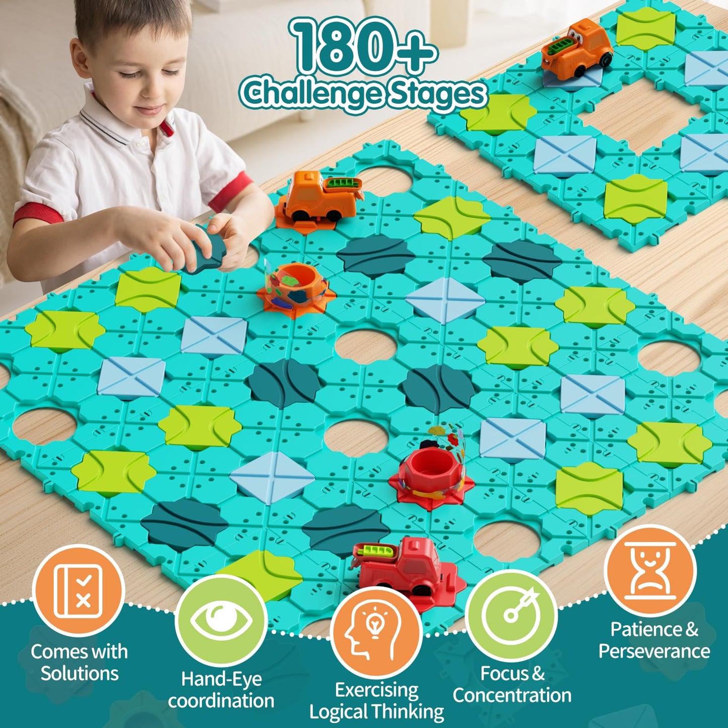 Hunloot Logic Road Builder – Large STEM Puzzle Board Game for 4-8 Year Olds | Montessori Brain Teasers
