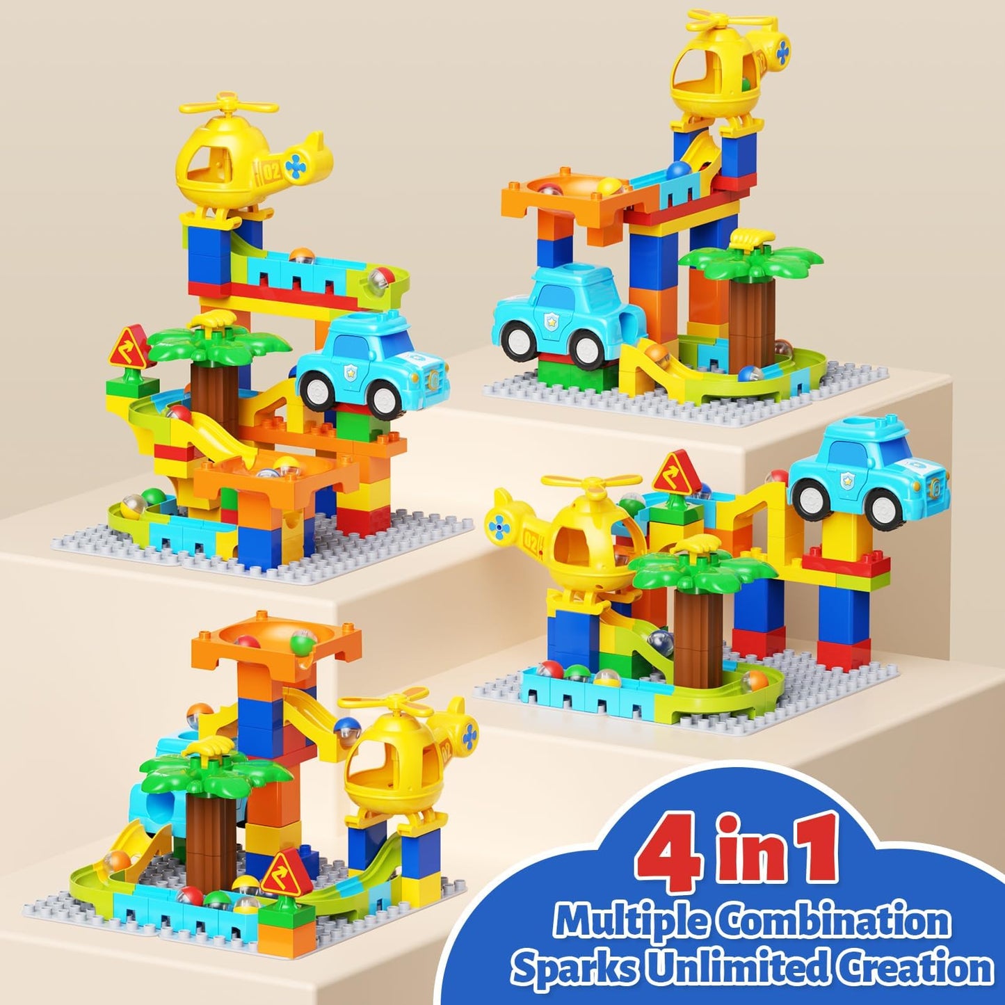 Hunloot Marble Runs for Kids 4-8 — 4-in-1 Building Block Set, Compatible with Major Brands