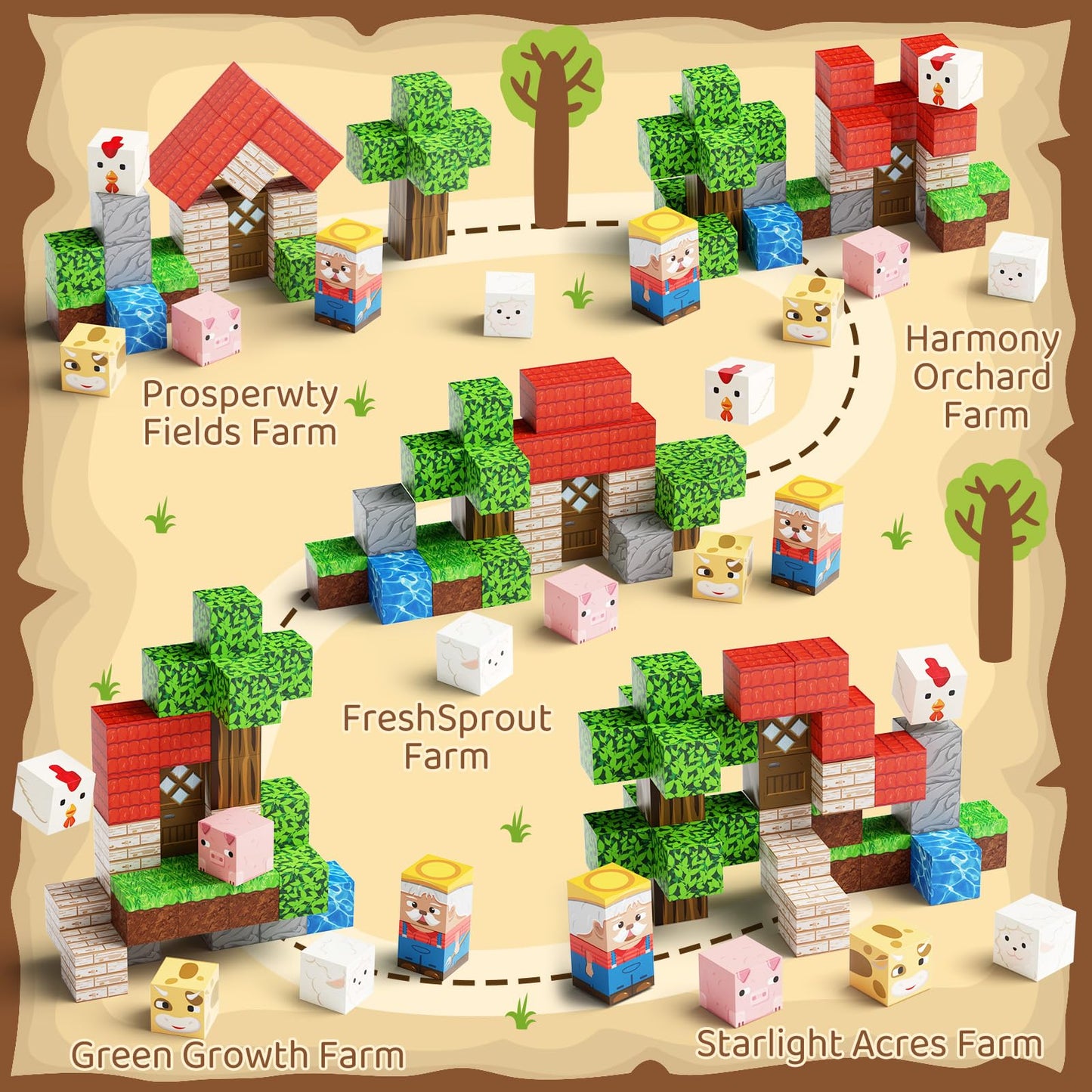 Hunloot Mini Magnetic Blocks Farm Animals – 35pc Travel STEM Toy for Ages 4-8