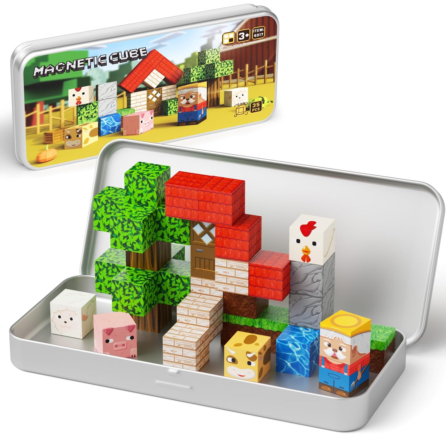 Hunloot Mini Magnetic Blocks Farm Animals – 35pc Travel STEM Toy for Ages 4-8