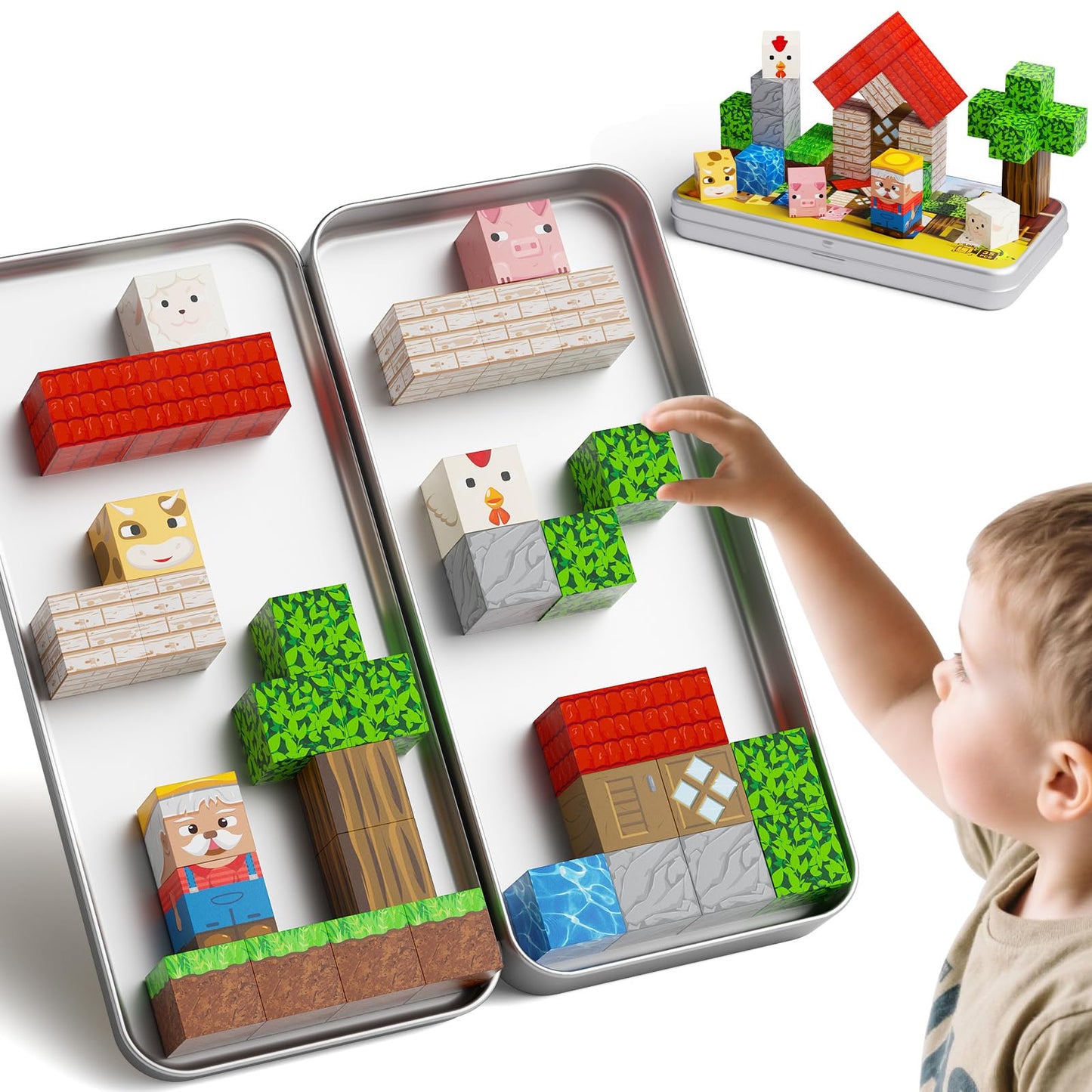 Hunloot Mini Magnetic Blocks Farm Animals – 35pc Travel STEM Toy for Ages 4-8