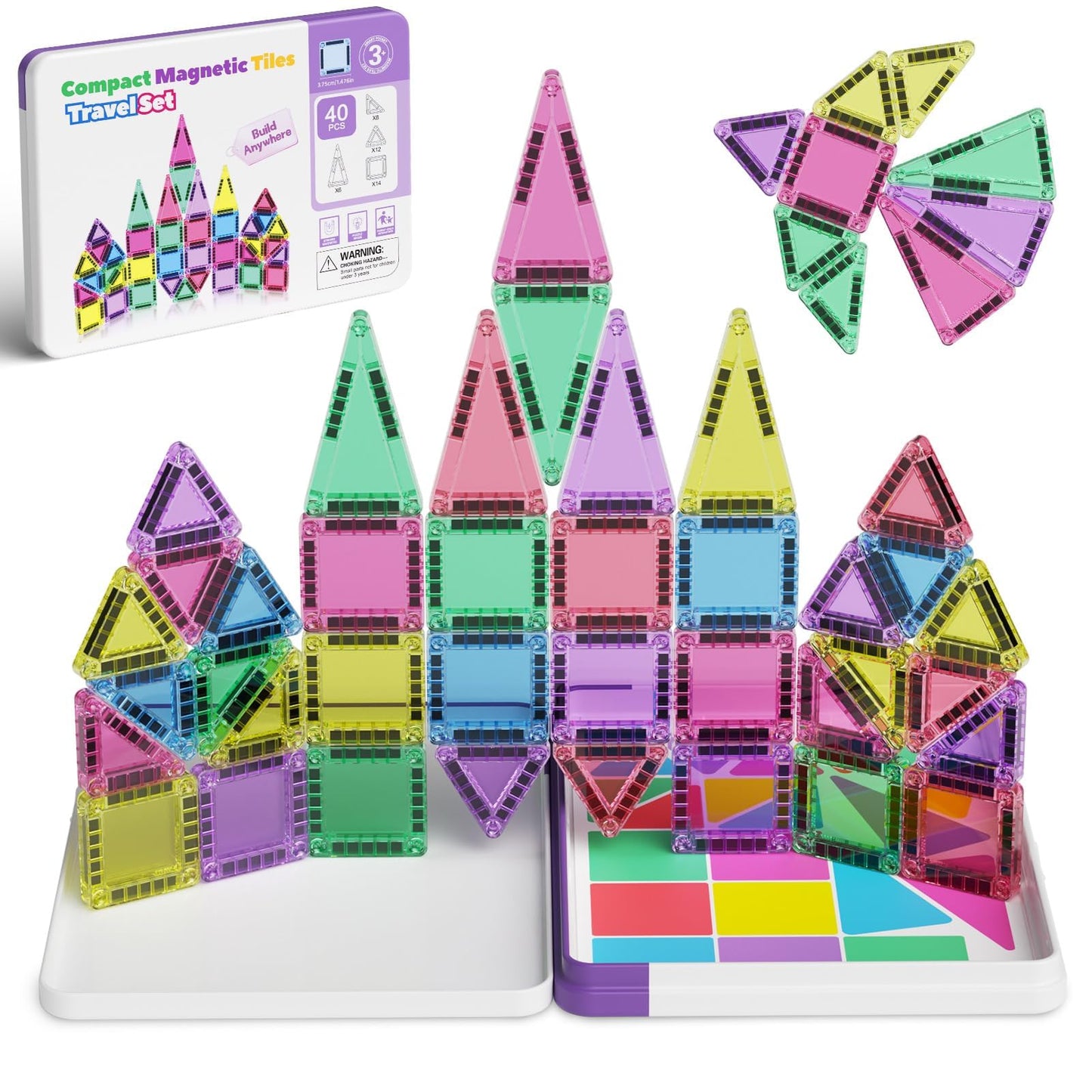 Hunloot Mini Magnetic Tiles 40-Piece Travel STEM Set with Storage Box