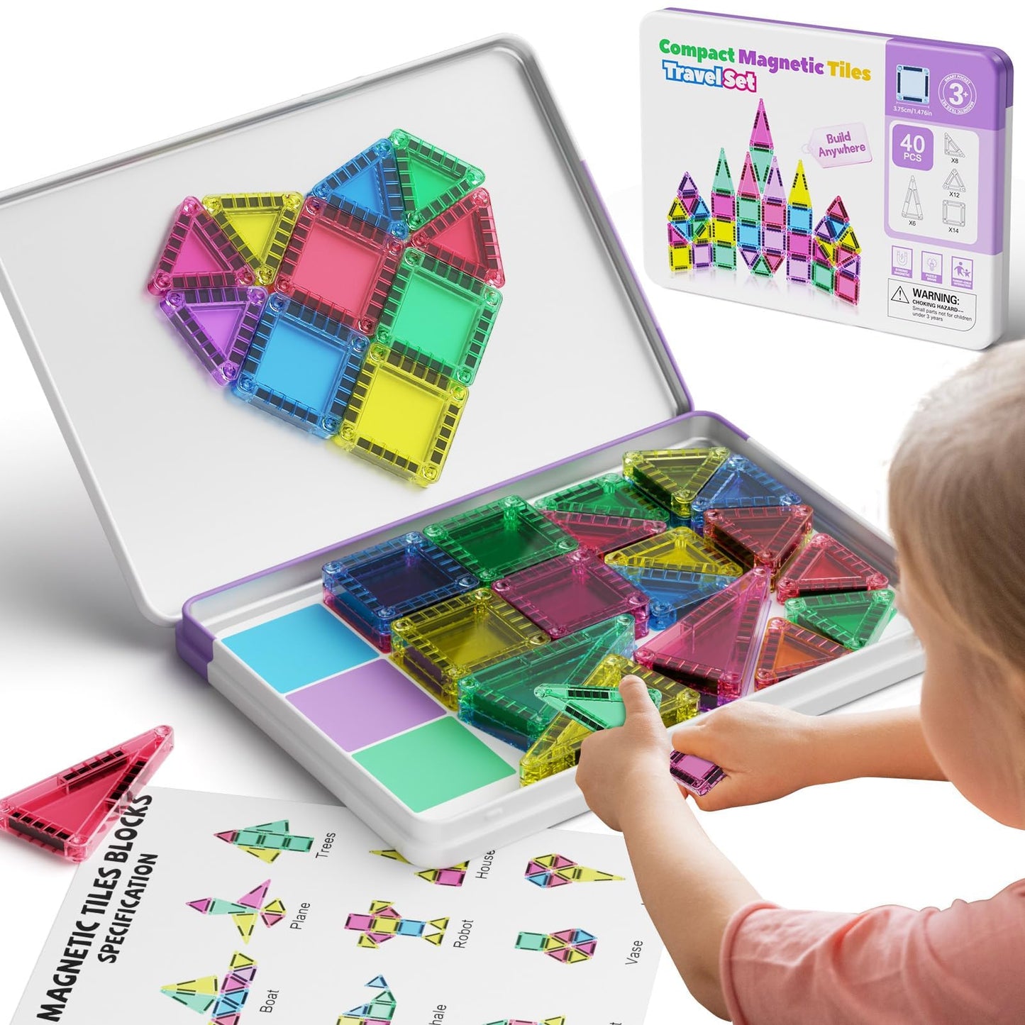 Hunloot Mini Magnetic Tiles 40-Piece Travel STEM Set with Storage Box