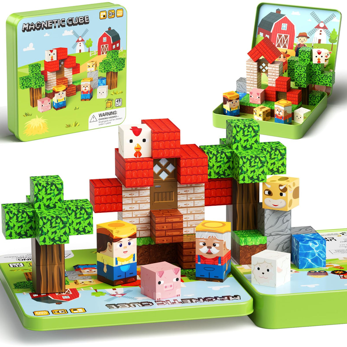 Hunloot 49-Piece Farm Animals Magnetic Building Blocks for Kids 3-8 | Travel-Ready STEM Toy
