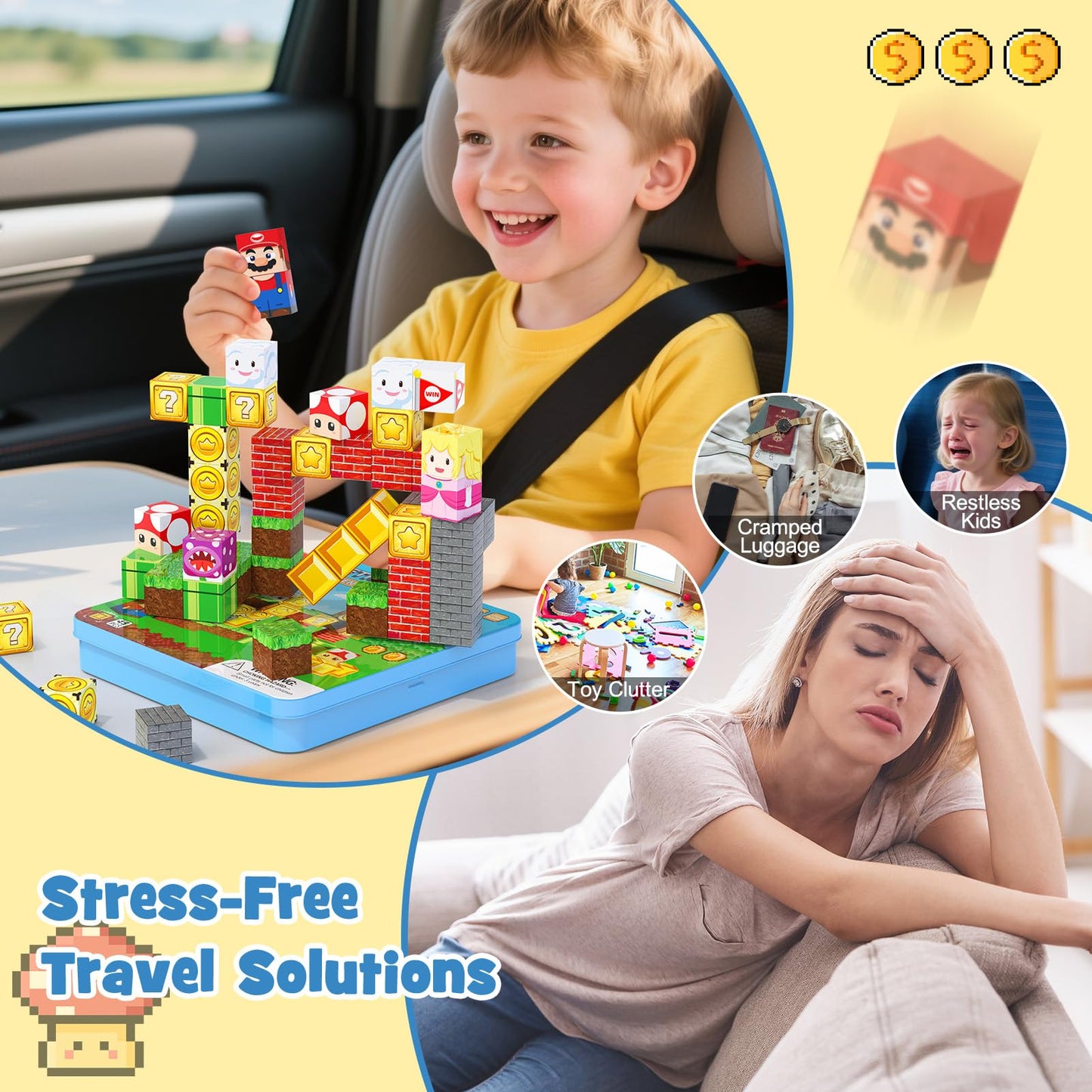 hunloot 49PCS Mini Magnetic Tiles Travel Toys for Kids 4-8 | Portable STEM Building Set