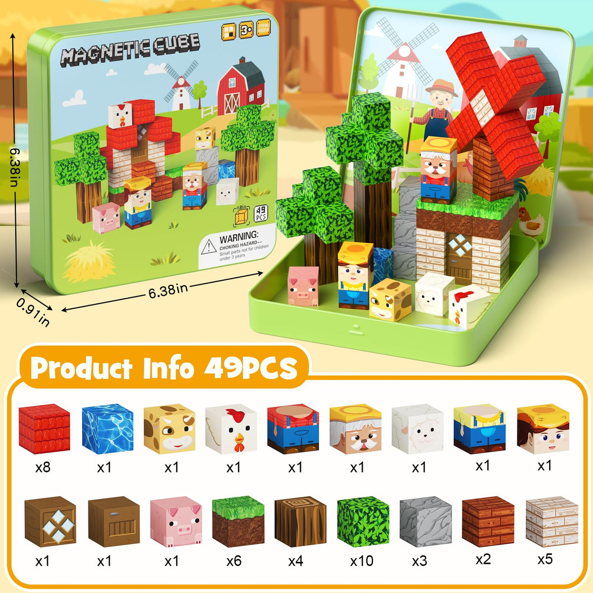 Hunloot 49-Piece Farm Animals Magnetic Building Blocks for Kids 3-8 | Travel-Ready STEM Toy