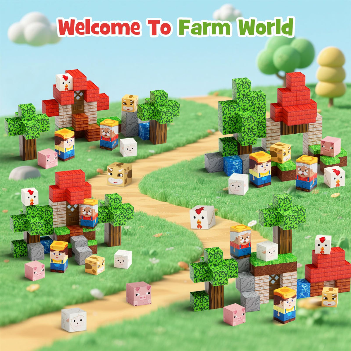 Hunloot 49-Piece Farm Animals Magnetic Building Blocks for Kids 3-8 | Travel-Ready STEM Toy