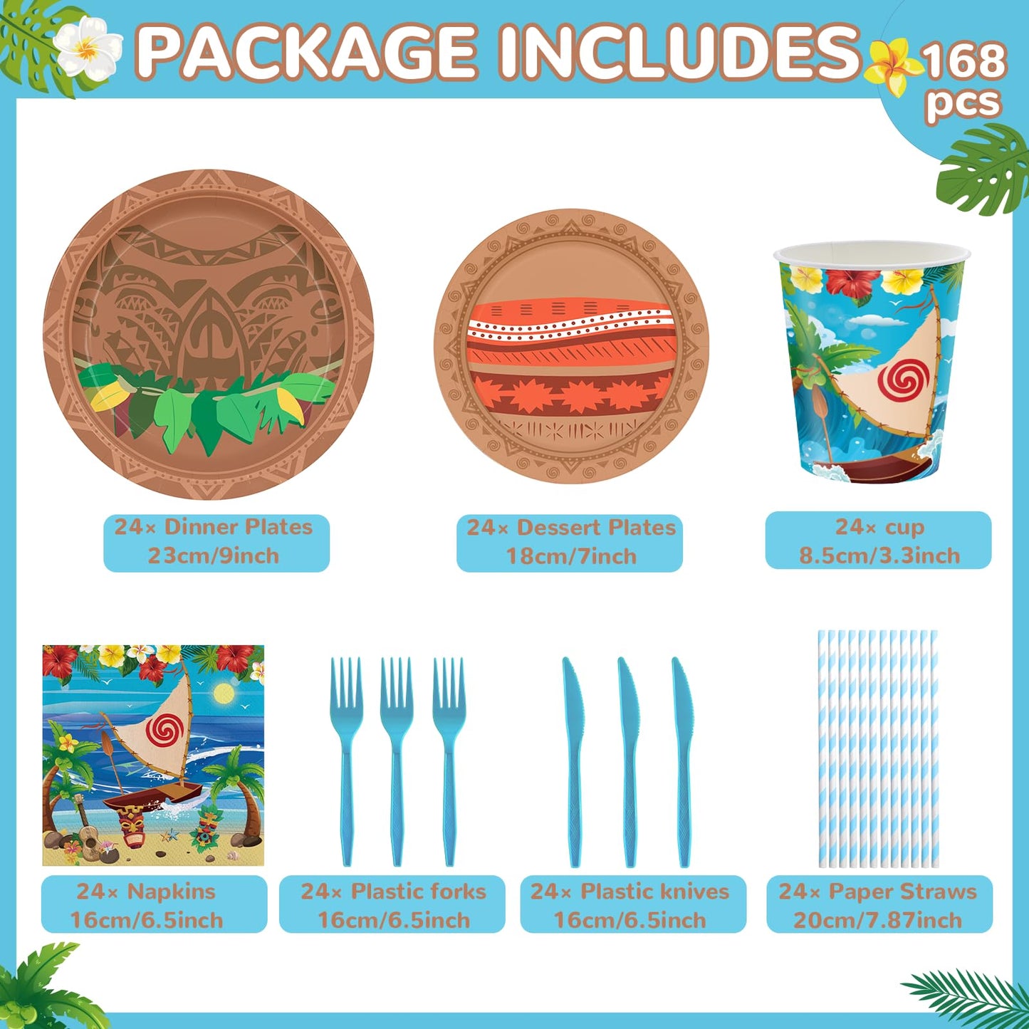 Huorege 168Pcs Ocean Party Supplies – Beach Theme Tableware for 24 Guests