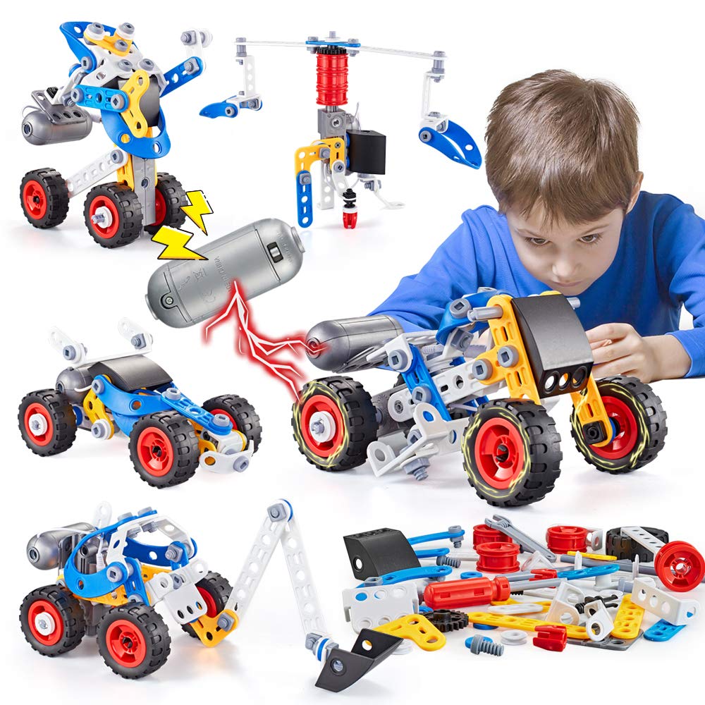 HUOZHI 5-in-1 STEM Erector Set with Electric Motor – 113-Piece Building Kit for Ages 6-12