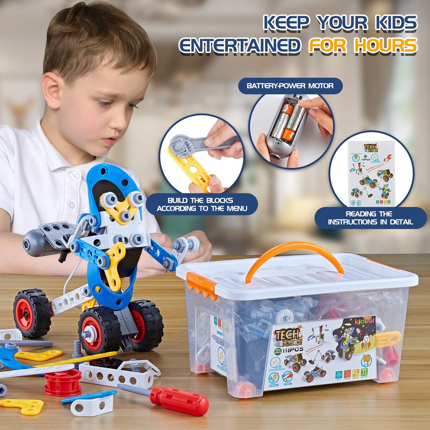 HUOZHI 5-in-1 STEM Erector Set with Electric Motor – 113-Piece Building Kit for Ages 6-12