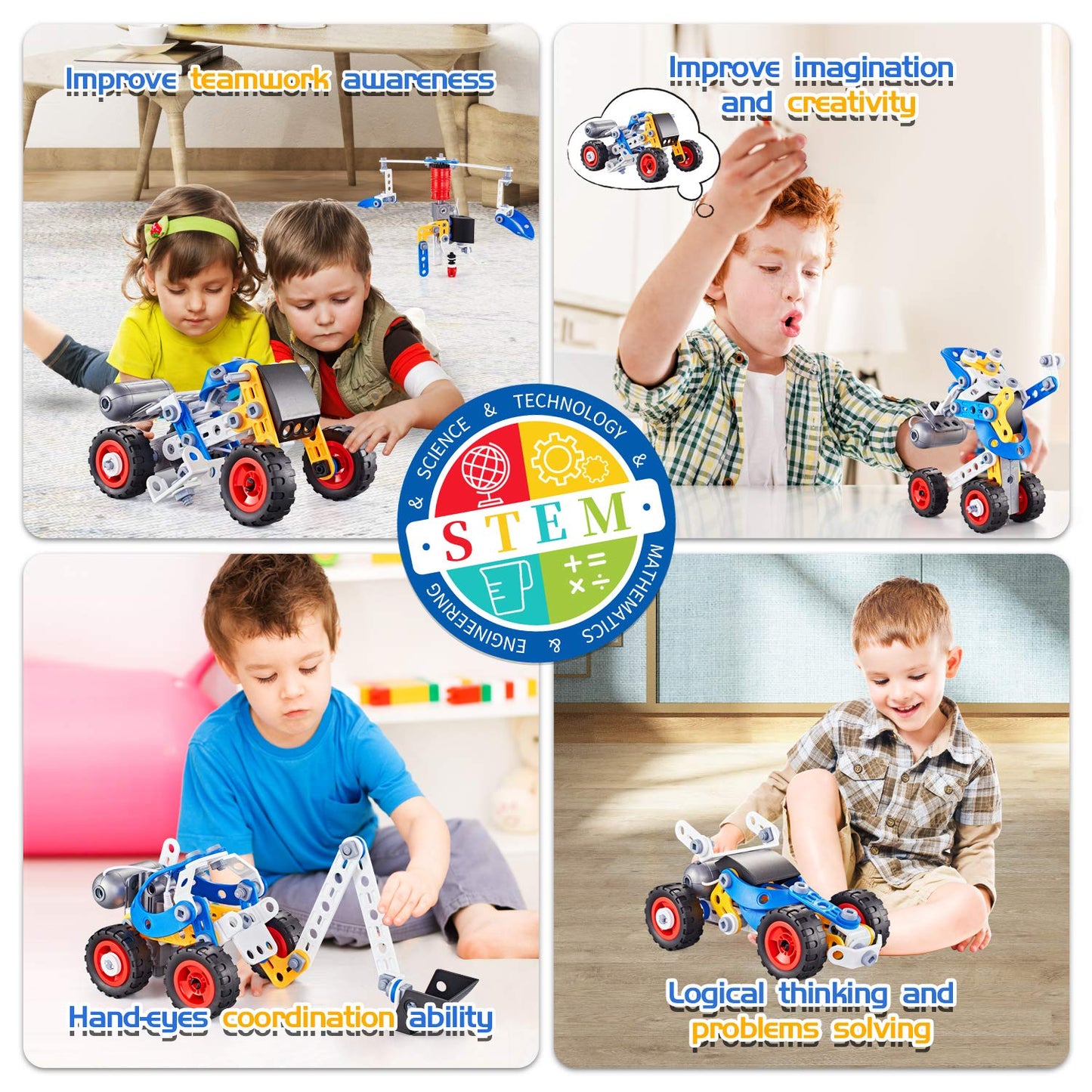 HUOZHI 5-in-1 STEM Erector Set with Electric Motor – 113-Piece Building Kit for Ages 6-12