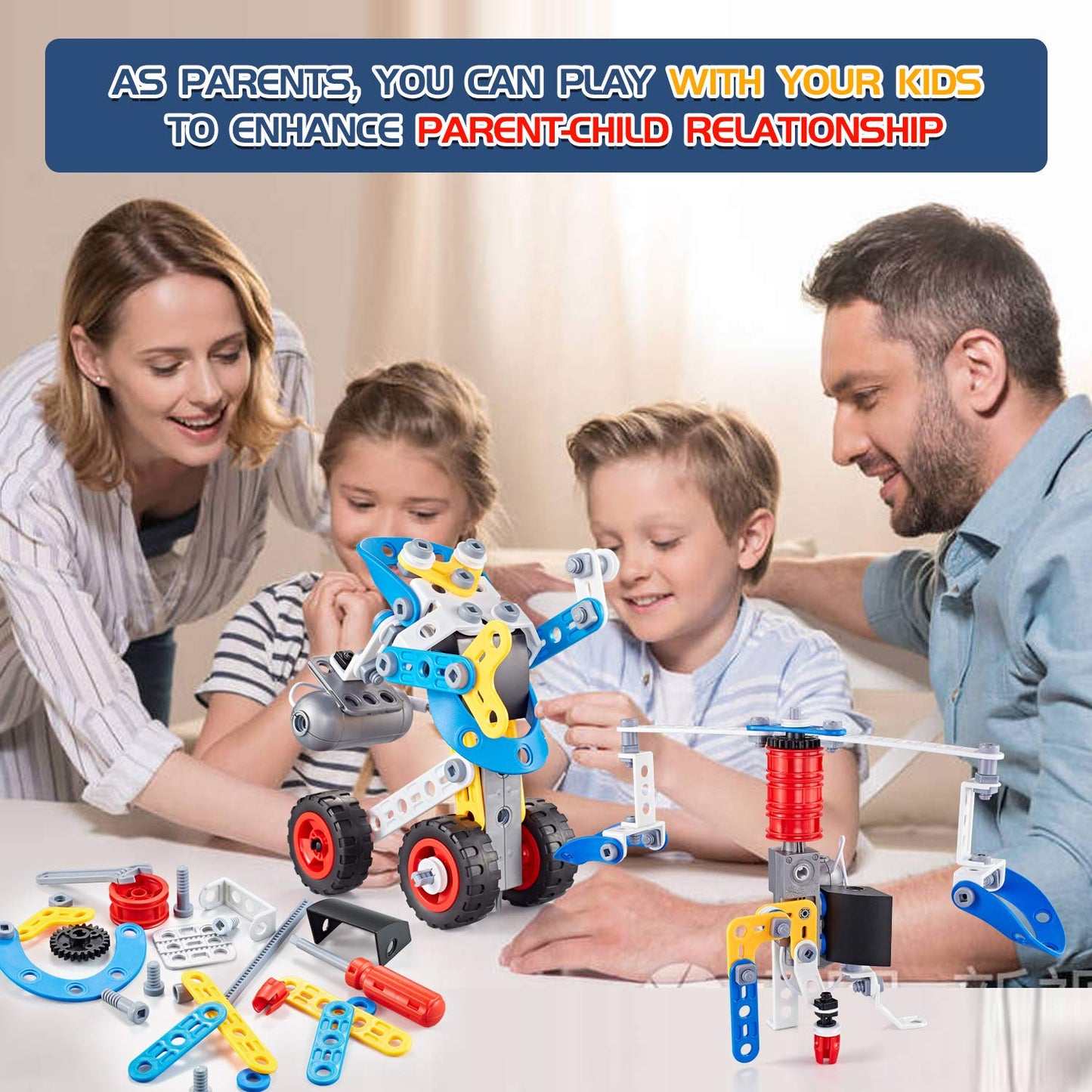 HUOZHI 5-in-1 STEM Erector Set with Electric Motor – 113-Piece Building Kit for Ages 6-12