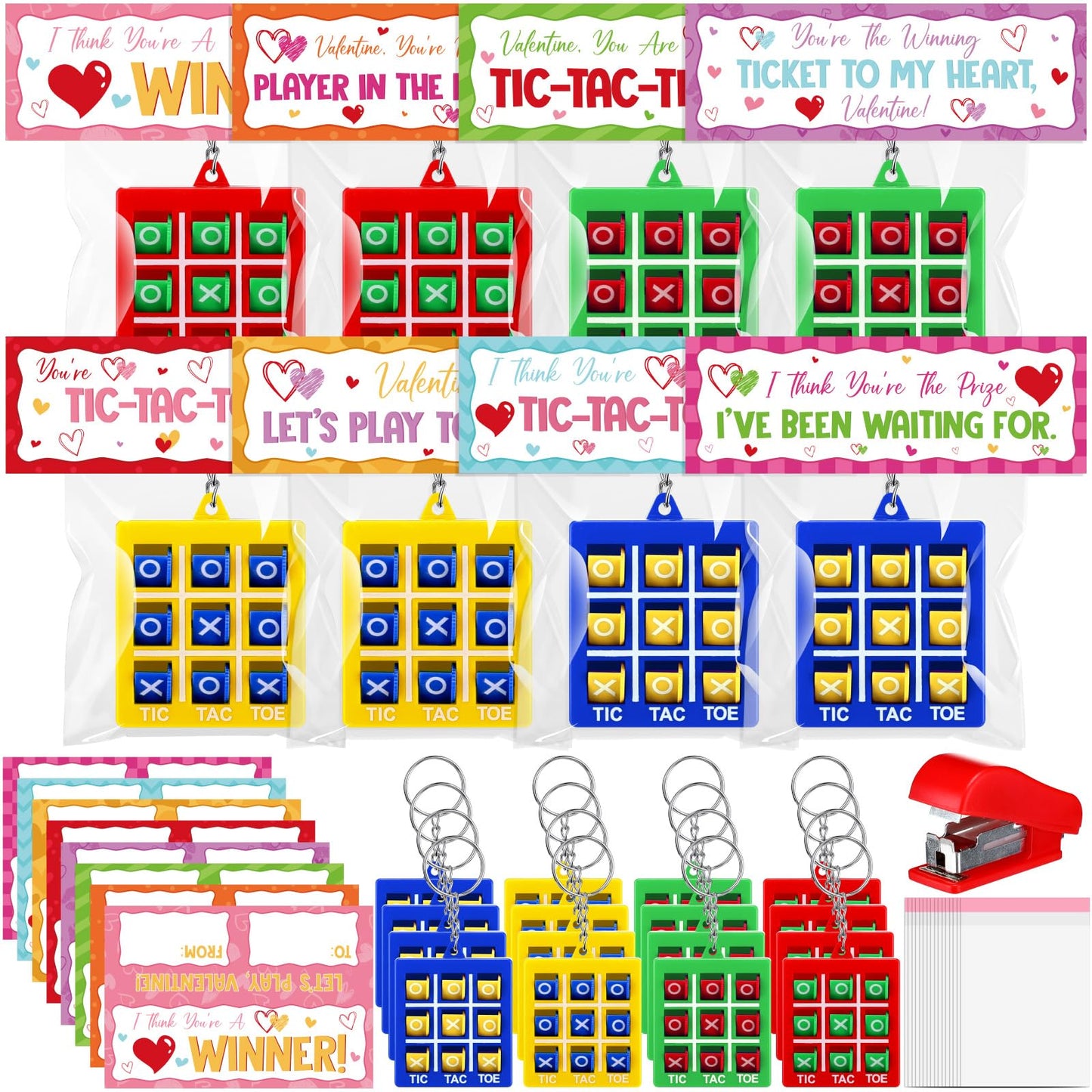 Huquary 48-Set Valentines Gifts for Kids Classroom | Tic Tac Toe Keychains & Gift Cards