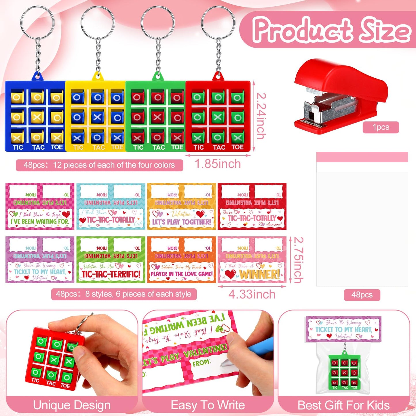 Huquary 48-Set Valentines Gifts for Kids Classroom | Tic Tac Toe Keychains & Gift Cards