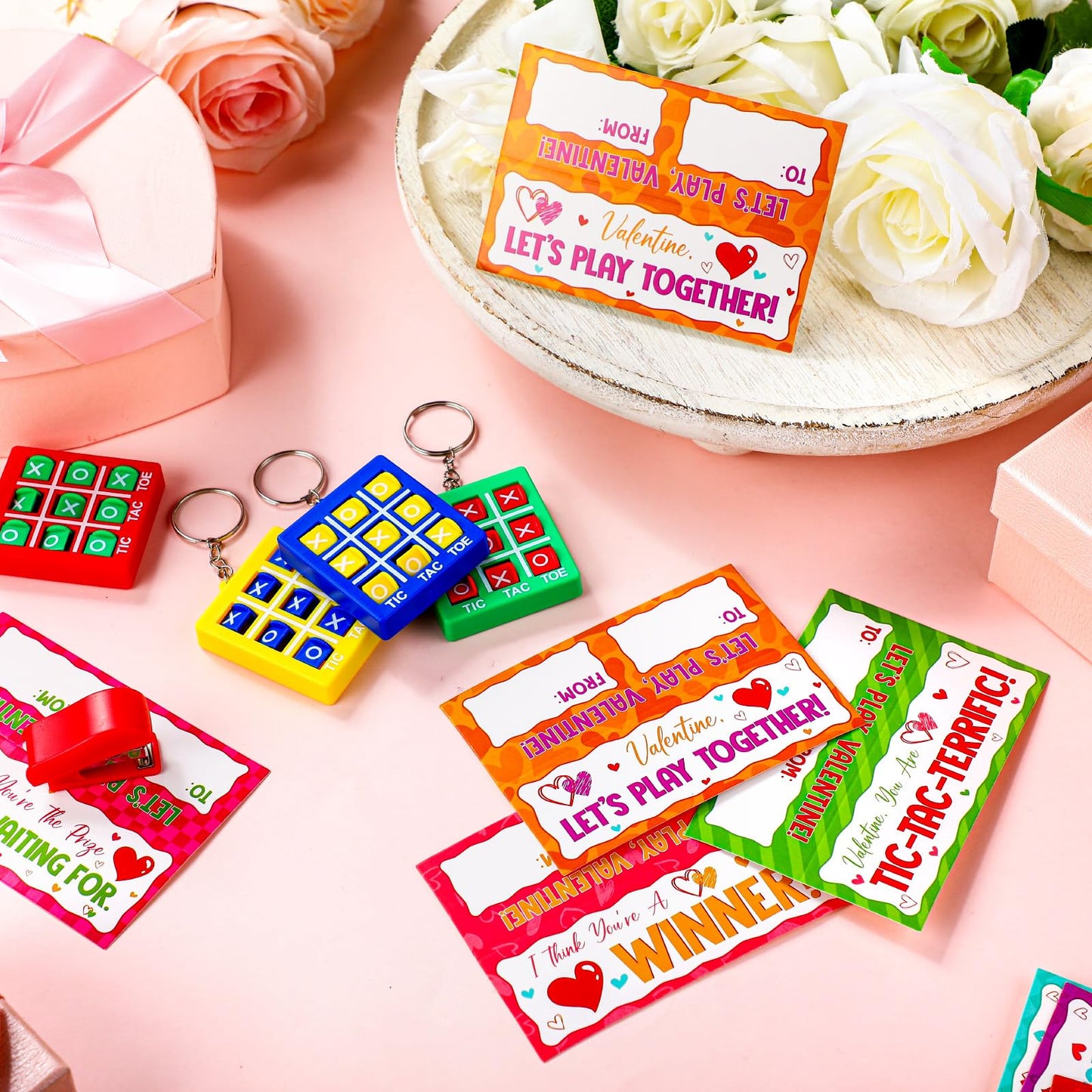 Huquary 48-Set Valentines Gifts for Kids Classroom | Tic Tac Toe Keychains & Gift Cards