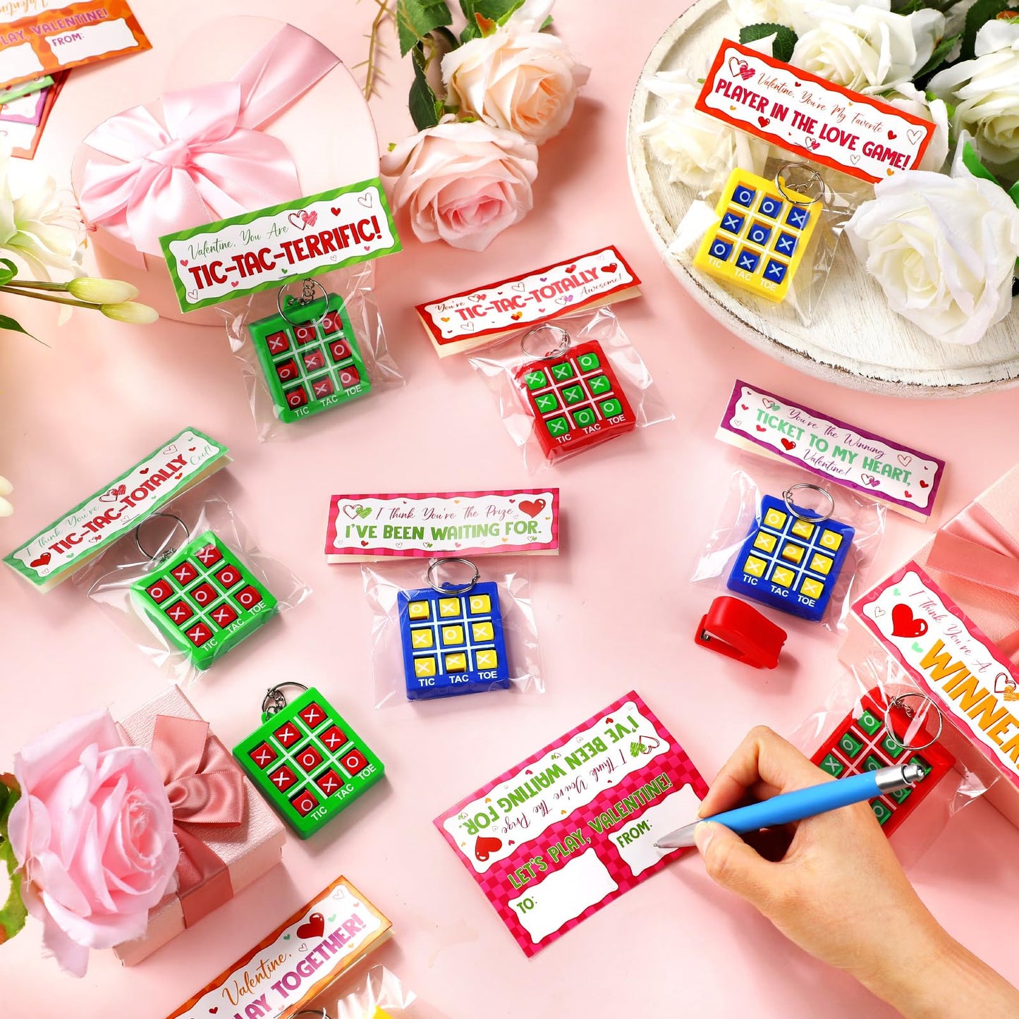 Huquary 48-Set Valentines Gifts for Kids Classroom | Tic Tac Toe Keychains & Gift Cards