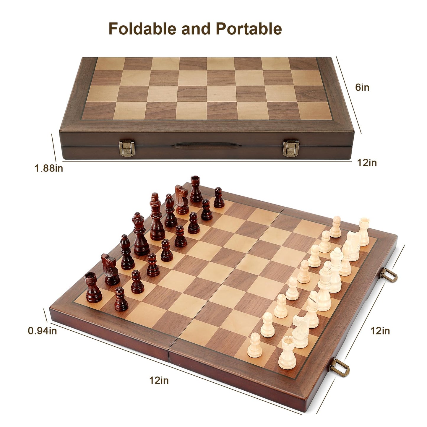 Hurdaos Magnetic Wooden Chess Set – Folding 12-Inch Board with Handmade Pieces