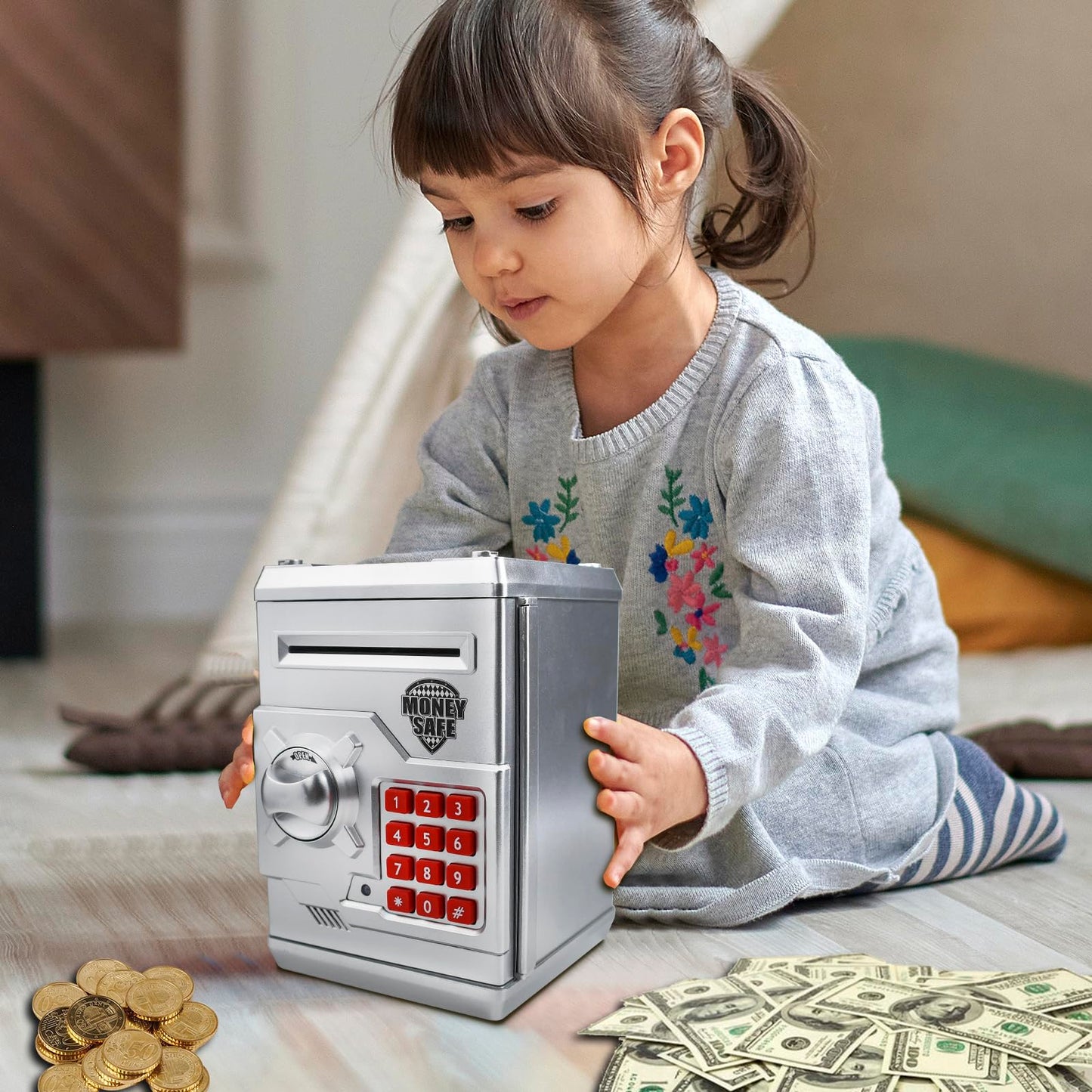 HUSAN Piggy Bank for Kids - Password-Protected Electronic Coin Bank (Silver)