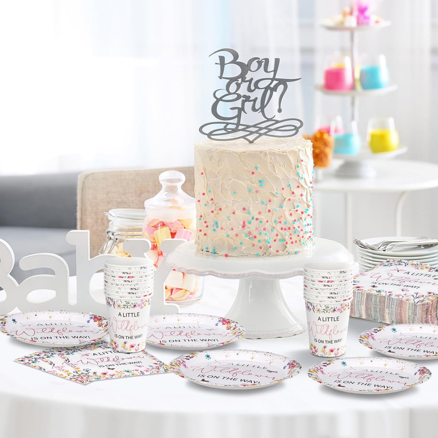 Hushee 200 Pcs Baby in Bloom Wildflower Party Supplies – Plates Cups Napkins for 50 Guests