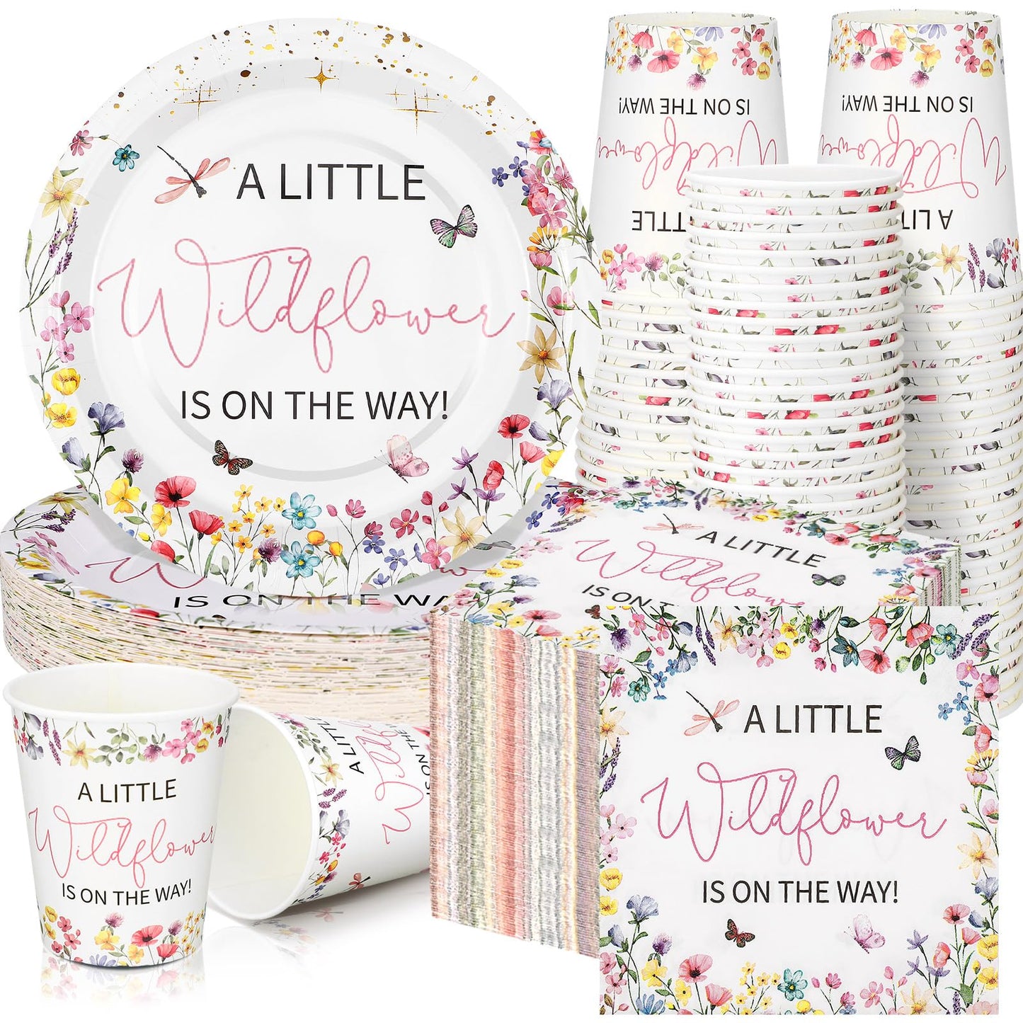 Hushee 200 Pcs Baby in Bloom Wildflower Party Supplies – Plates Cups Napkins for 50 Guests